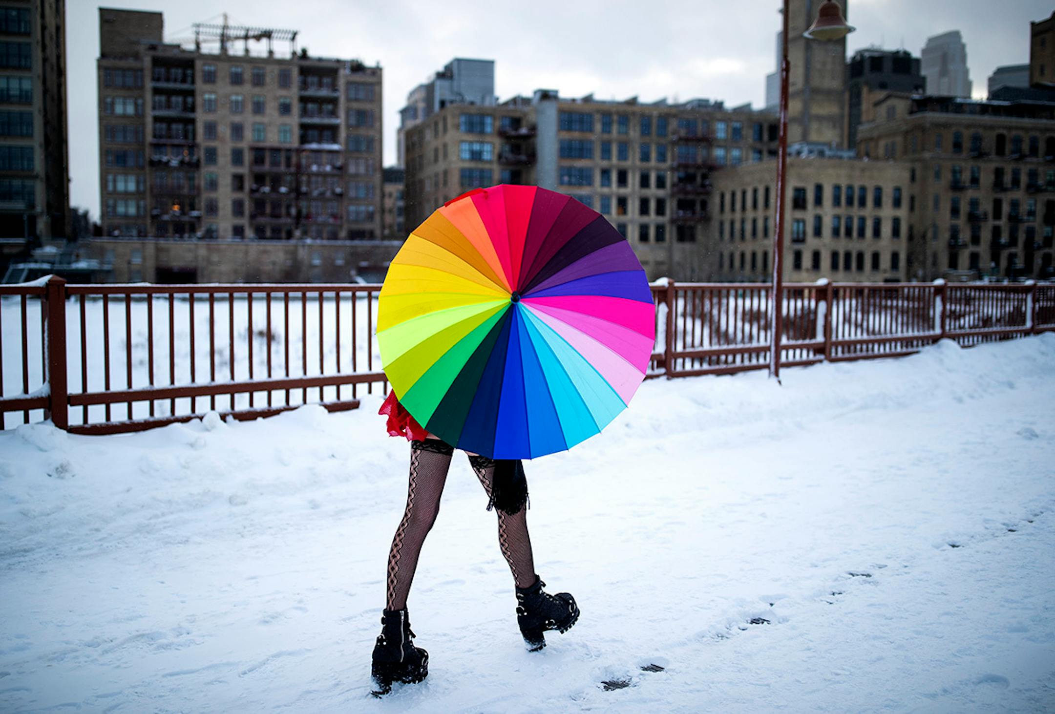 A runner braved the cold temperatures during the Red Undie Run on Stone Arch Bridge in honor of World AIDS Day, Sunday Dec. 1, 2019 in Minneapolis.