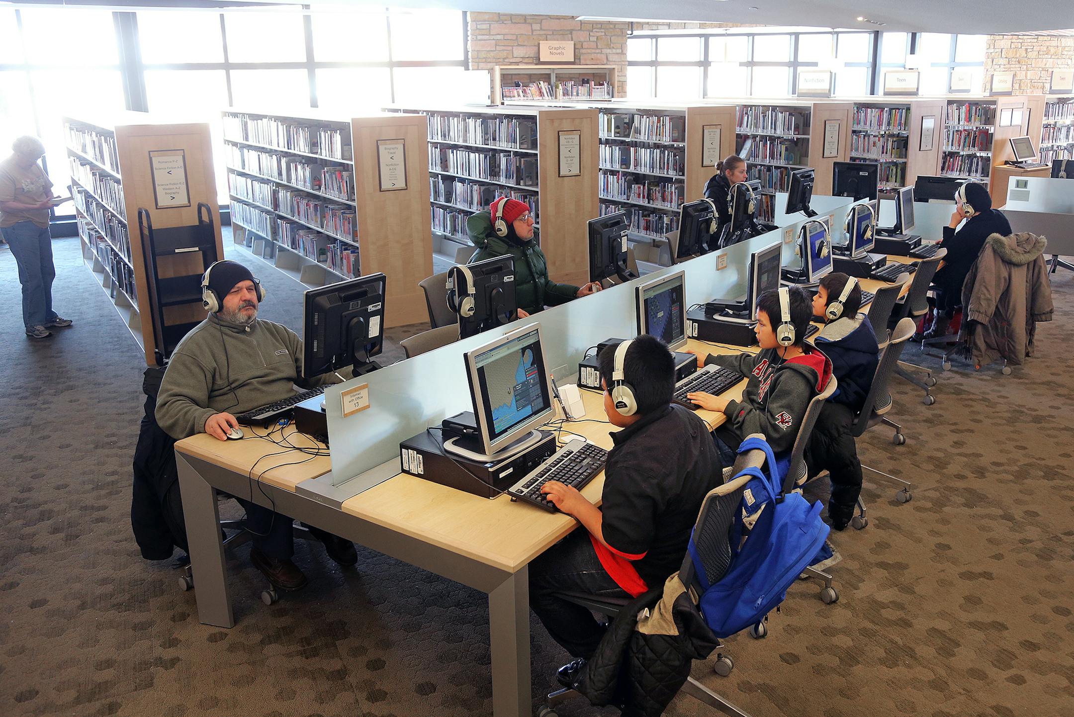 The Main room of the Nokomis Community Library, serving the Nokomis East area, 5100 S 34th Ave, Minneapolis, MN 55417, After a 20 month renovation project the community now has a 4,300-square-foot addition, with more room for children, teens and adults, with a refreshed collection of books, CDs and DVDs. The room is full of computers, and also has a multi purpose meeting room now located on the main level are the highlights of the new facilities. [ TOM WALLACE &#xac;&#x2022; twallace@startribune