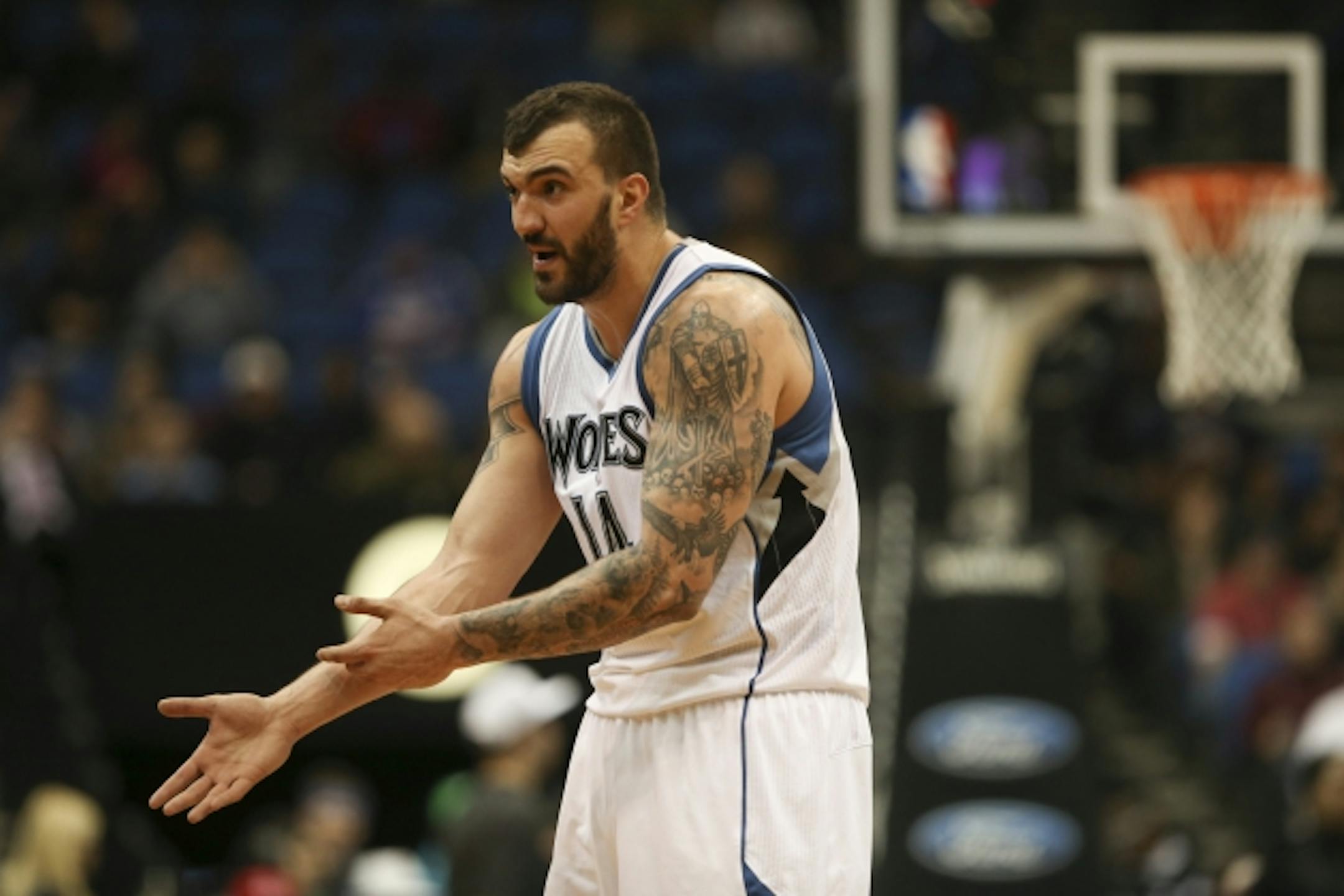 Timberwolves center Nikola Pekovic complained to referee Marc Davis about all the scratches he was receiving in the third quarter Monday night at Target Center.    ]    JEFF WHEELER • jeff.wheeler@startribune.com   The Timberwolves lost to the Atlanta Hawks 117-105 in an NBA game at Target Center Monday night, February 9, 2015.