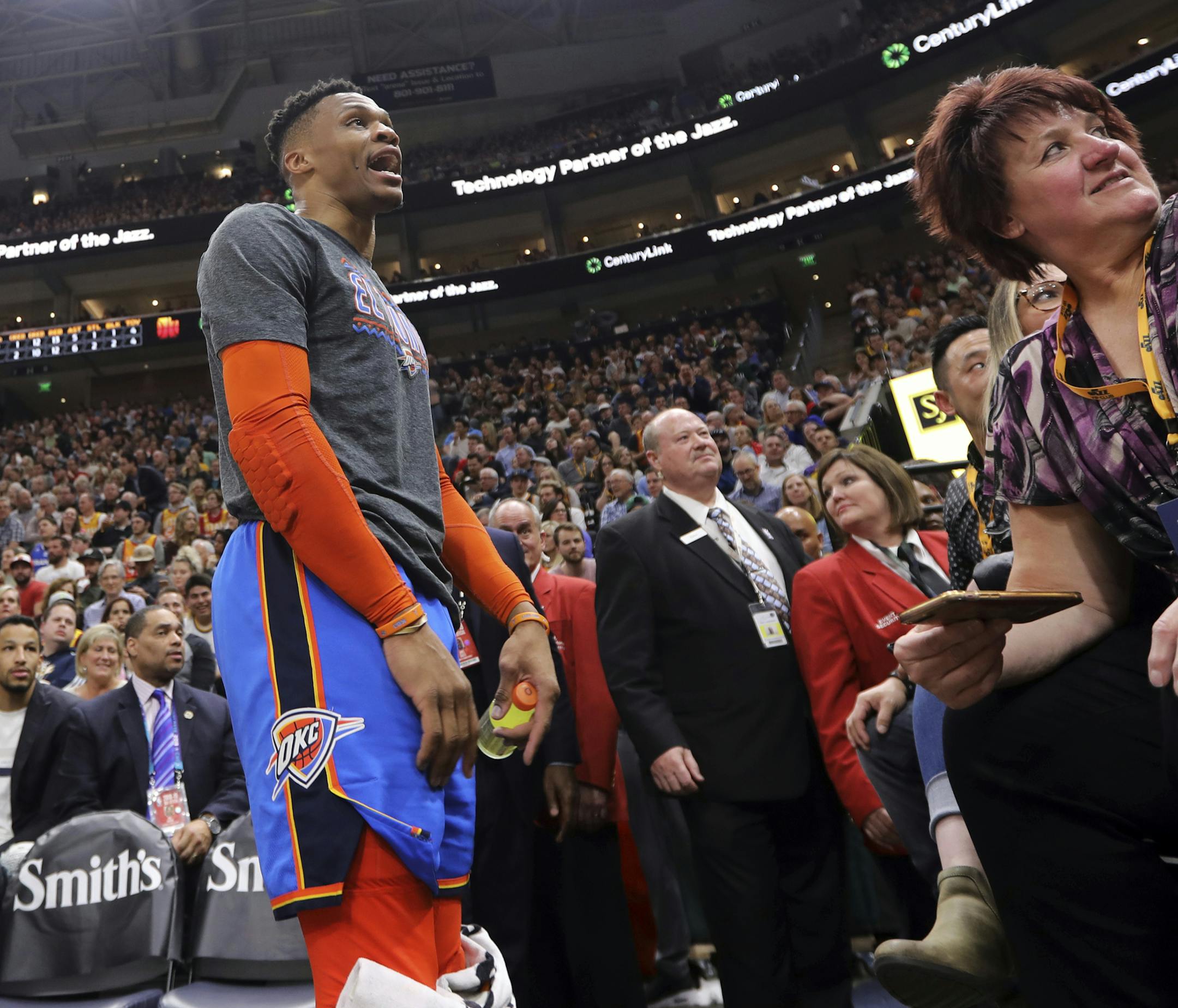 Oklahoma City Thunder's Russell Westbrook gets into a heated verbal altercation with fans in the first half of an NBA basketball game against the Utah Jazz, Monday, March 11, 2019, in Salt Lake City. (AP Photo/Rick Bowmer)