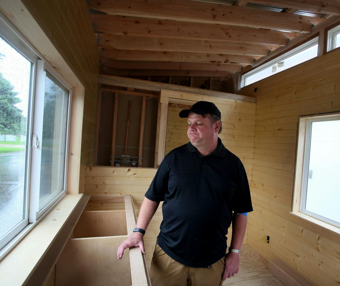 Brian Hurd has been homeless and living in a van for the past five years. Here, Hurd stood inside a tiny house under construction at Kandiyohi County public works building that will go to his friend Dave, who is also homeless Wednesday, June 3, 2015, in Willmar, MN. Hurd hopes oneday to have a similar home.](DAVID JOLES/STARTRIBUNE)djoles@startribune.com St. Cloud will soon get its first tiny house, parked on a church lot. The 128 foot tiny house, spearheaded by the St. Cloud Coalition for Homel