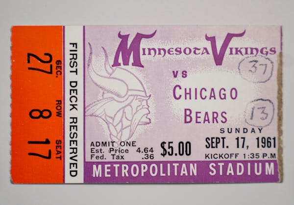 A ticket stub from the Vikings’ first regular-season home game on display at the Vikings Museum in Eagan.