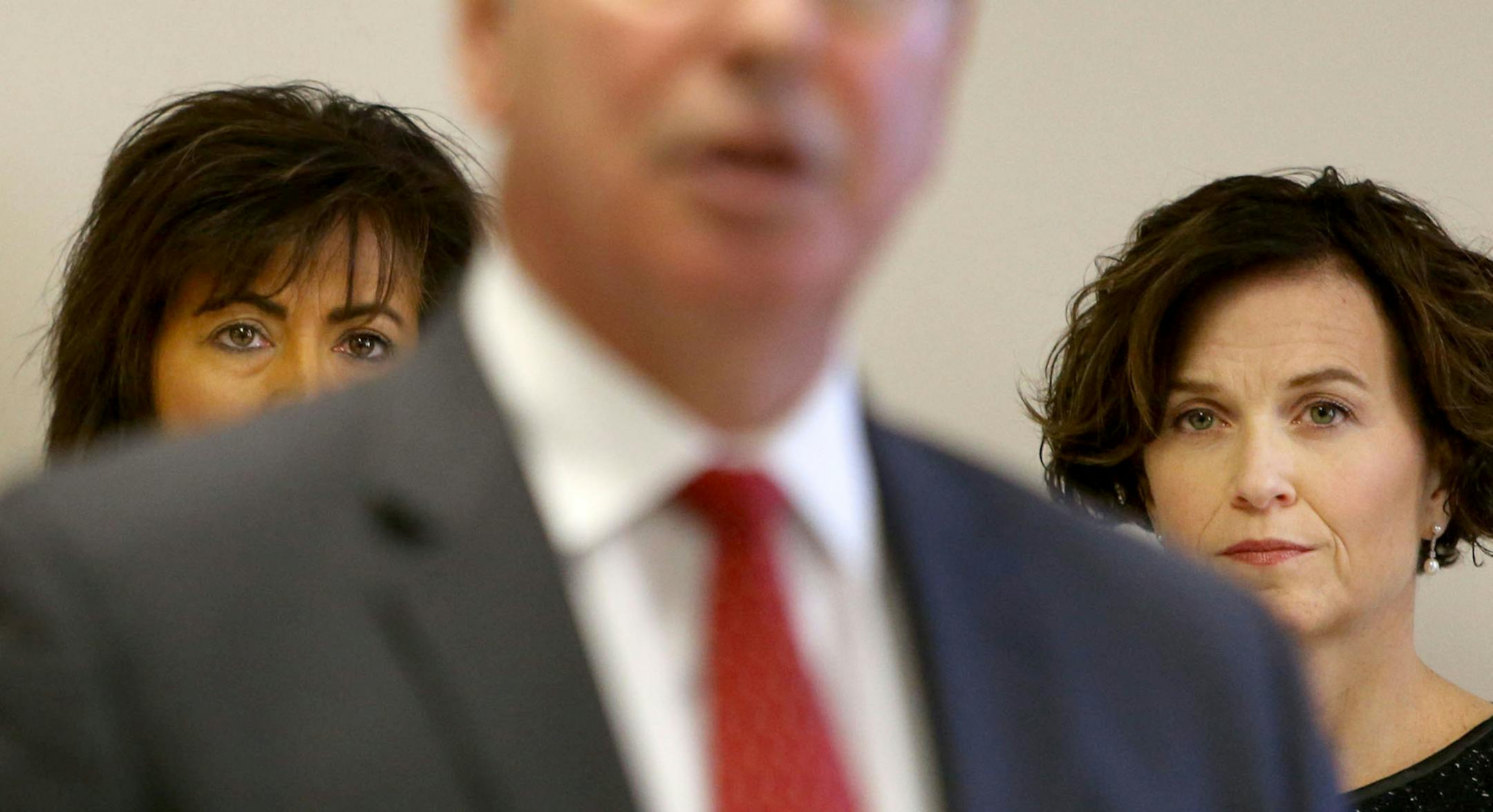 Minneapolis mayor Betsy Hodges, Minneapolis police chief Janee Harteau, and Hennepin County Attorney Mike Freeman held a press conference along with other officials at City Hall to discuss "new focused interventions around violent crime," Friday, Nov. 13, 2015, in Minneapolis, MN. Here, as Freeman addresses the media, Harteau, left, and Hodges look on.](DAVID JOLES/STARTRIBUNE)djoles@startribune.com Mayor Betsy Hodges, Chief Janee Harteau, County Attorney Mike Freeman held a press conference alo