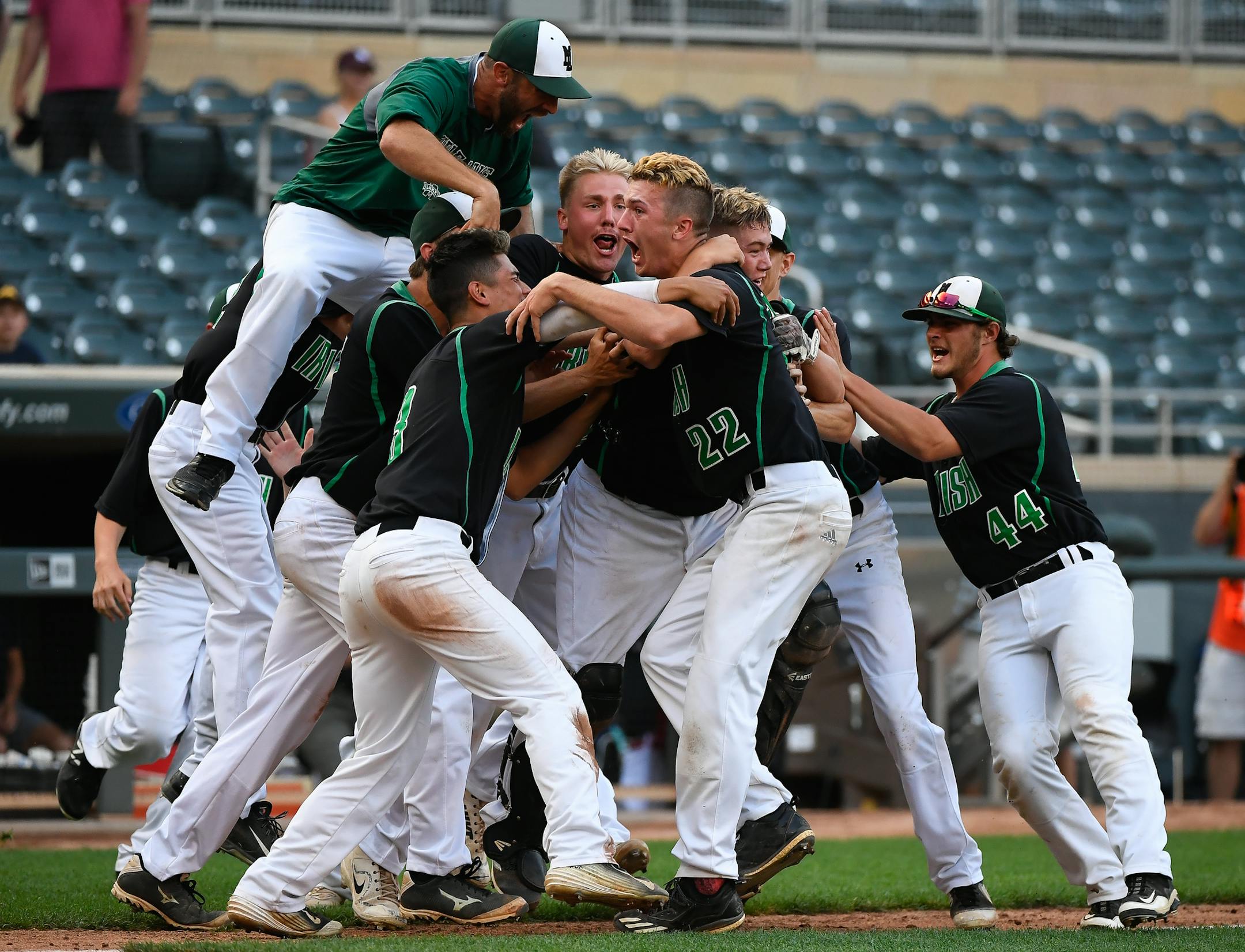 Maple Lake celebrated their 8-4 victory over Marshall School, Duluth in the Class 2A championship game Saturday. ] AARON LAVINSKY ï aaron.lavinsky@startribune.com Marshall School, Duluth played Maple Lake in the Class 2A state baseball championship game on Saturday, June 16, 2018 at Target Field in Minneapolis, Minn.