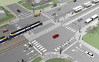 A rendering of the proposed Bottineau LRT project on Olson Memorial Highway and Penn Avenue, looking northeast