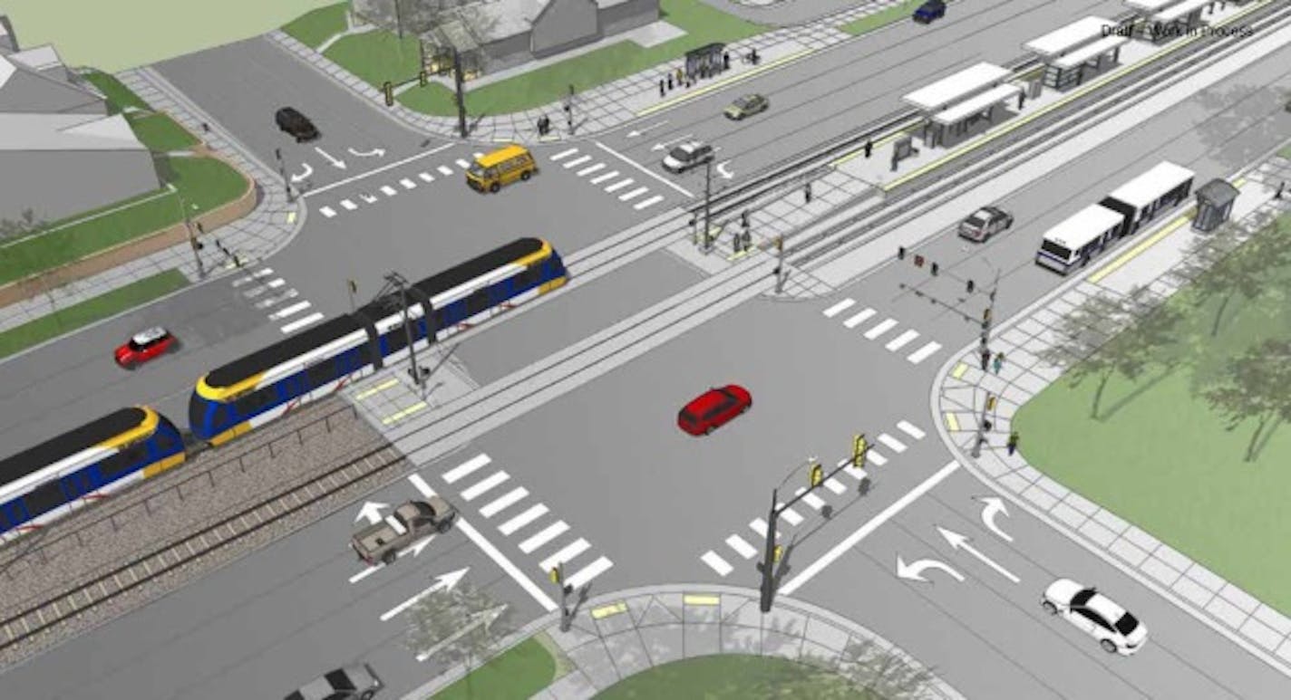 A rendering of the proposed Bottineau LRT project on Olson Memorial Highway and Penn Avenue, looking northeast