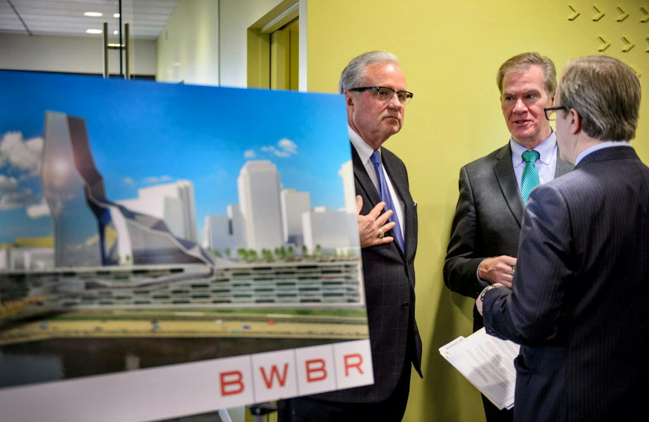 Greater MSP CEO Michael Langley, St. Paul Mayor Chris Coleman and Ecolab CEO Doug Baker talked earlier this year about a St. Paul redevelopment plan.GLEN STUBBE * gstubbe@startribune.com Friday, March 28, 2014.