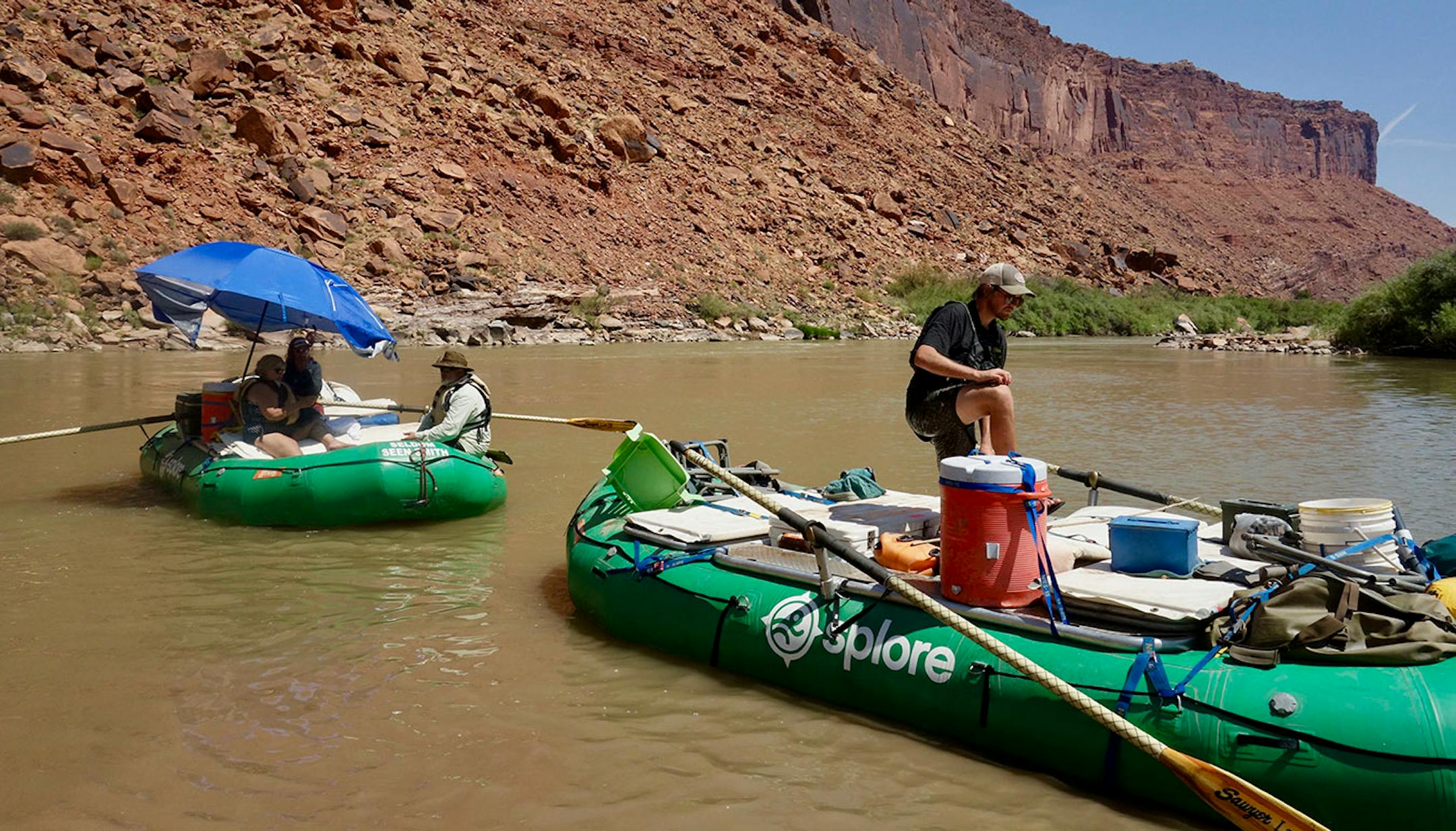 Two Splore oar boats. manned by John Buchta, Mary Buchta and Smiles Littlefield (left boat) and Lucien Blakemore, carried the bulk of our camping supplies.