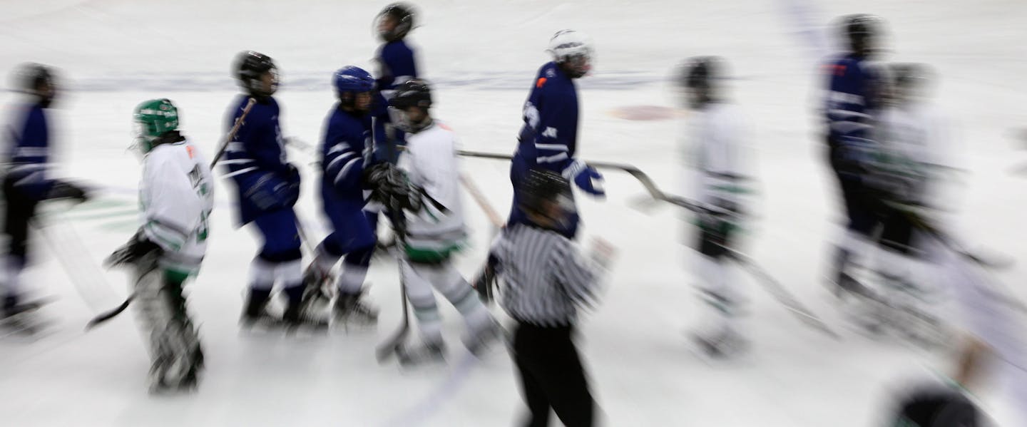 KYNDELL HARKNESS ¥ kyndell.harkness@startribune.com EDINA 11/10/10 A federal court face-off between two of MinnesotaÕs youth hockey powers over a new rule that limits winter league play for thousands of young hockey players in southern and western Twin Cities suburbs. IN THIS PHOTO : ] Edina White and Minnetonka Blue shook hands after their game at Braemar Arena. These teams are part of District 6 of Minnesota Hockey Inc., the state amateur hockey association.