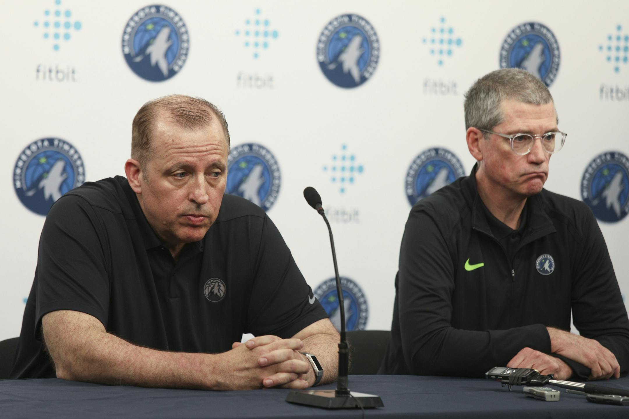 Wolves coach Tom Thibodeau (left) and general manager Scott Layden talked about the team during Monday afternoon's media day. ] Timberwolves media day.
BRIAN PETERSON &#x2022; brian.peterson@startribune.com
Minneapolis, MN 09/24/2018