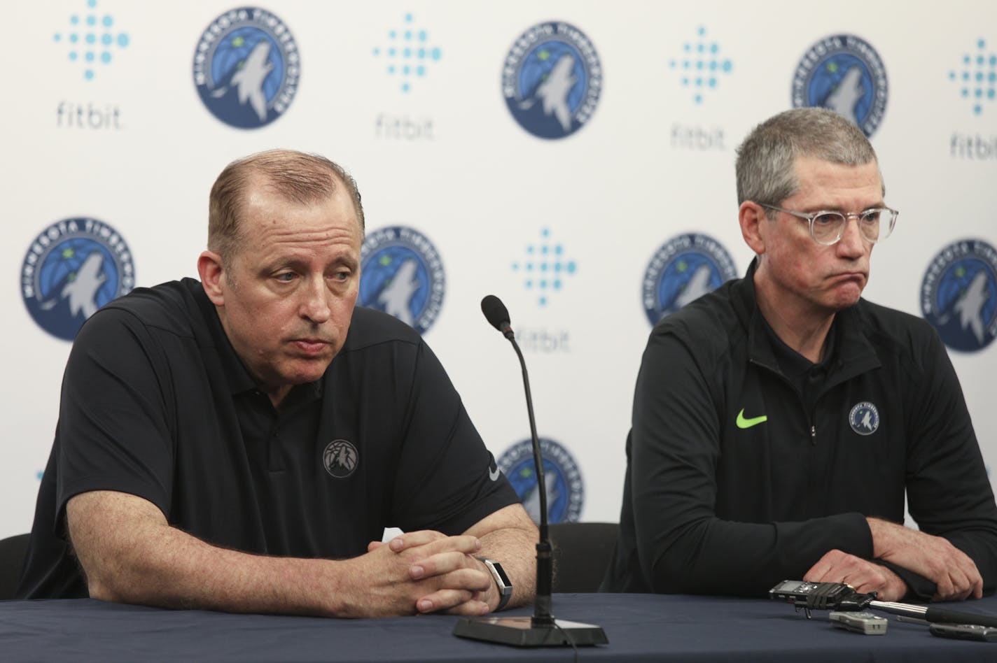 Wolves coach Tom Thibodeau (left) and general manager Scott Layden talked about the team during Monday afternoon's media day. ] Timberwolves media day.
BRIAN PETERSON &#x2022; brian.peterson@startribune.com
Minneapolis, MN 09/24/2018