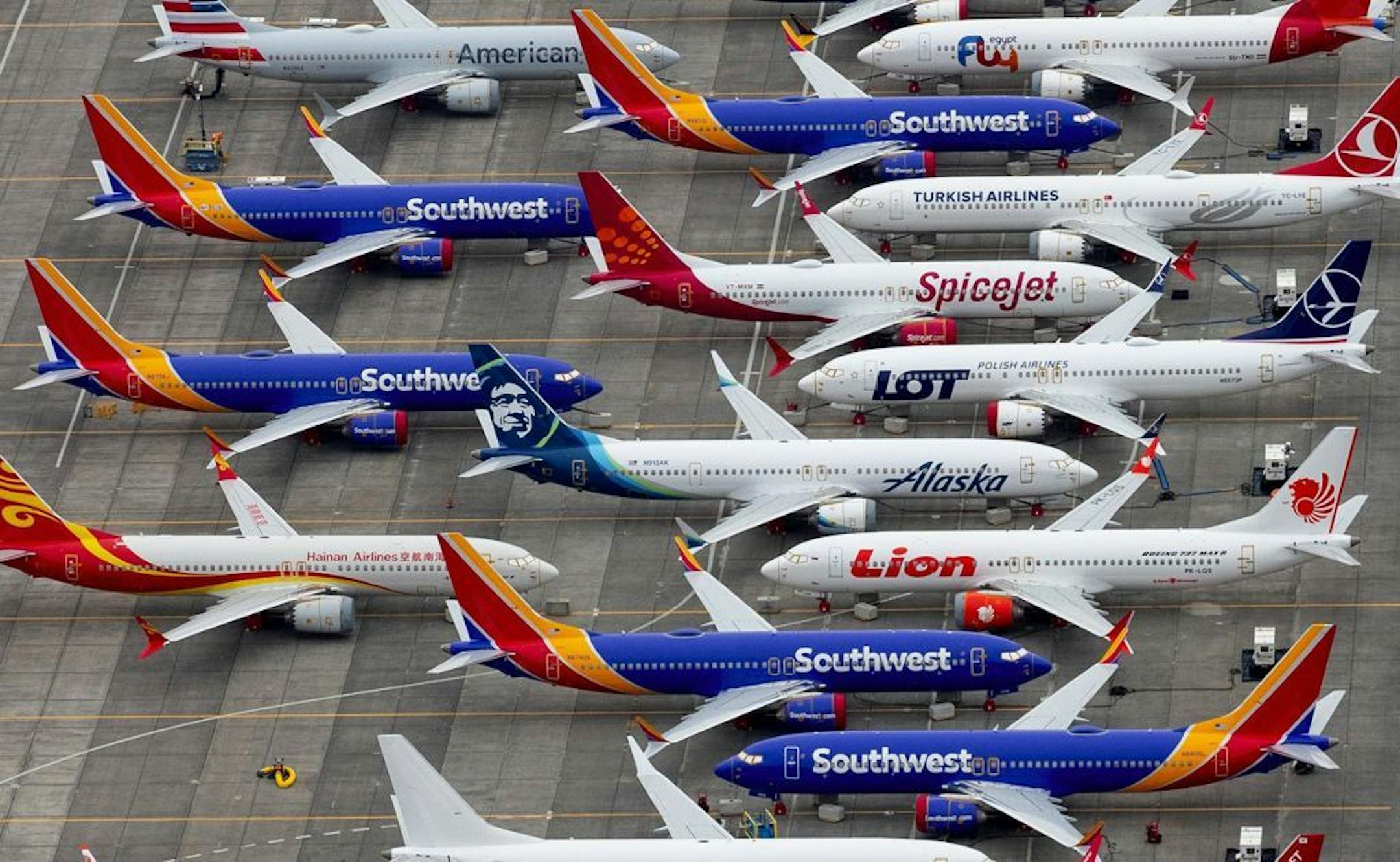 Nearly 200 completed Boeing 737 MAX airplanes including some for Southwest Airlines, are parked at the Grant County International Airport in Moses Lake Washington. In March 2019, aviation authorities around the world grounded the passenger airliner after two separate crashes.