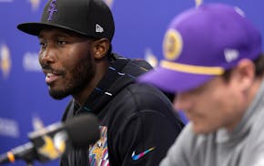 Minnesota Vikings general manager Kwesi Adofo-Mensah and head coach Kevin O’Connell during a news conference in March.