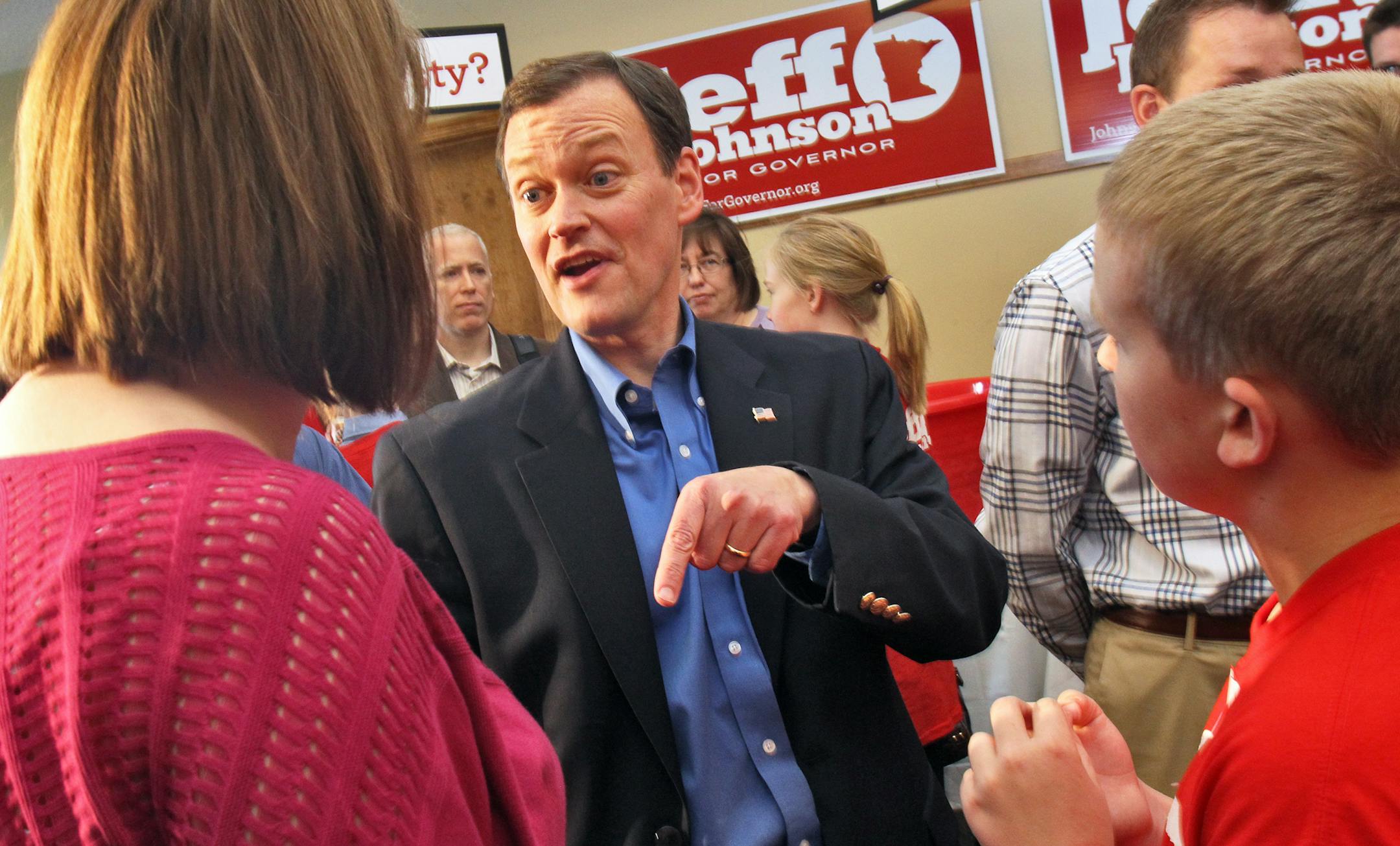 Hennepin County Commissioner Jeff Johnson, surrounded by family and well-wishers, announced his Republican party candidacy for Minnesota governor at an event in Hamel earlier this year.