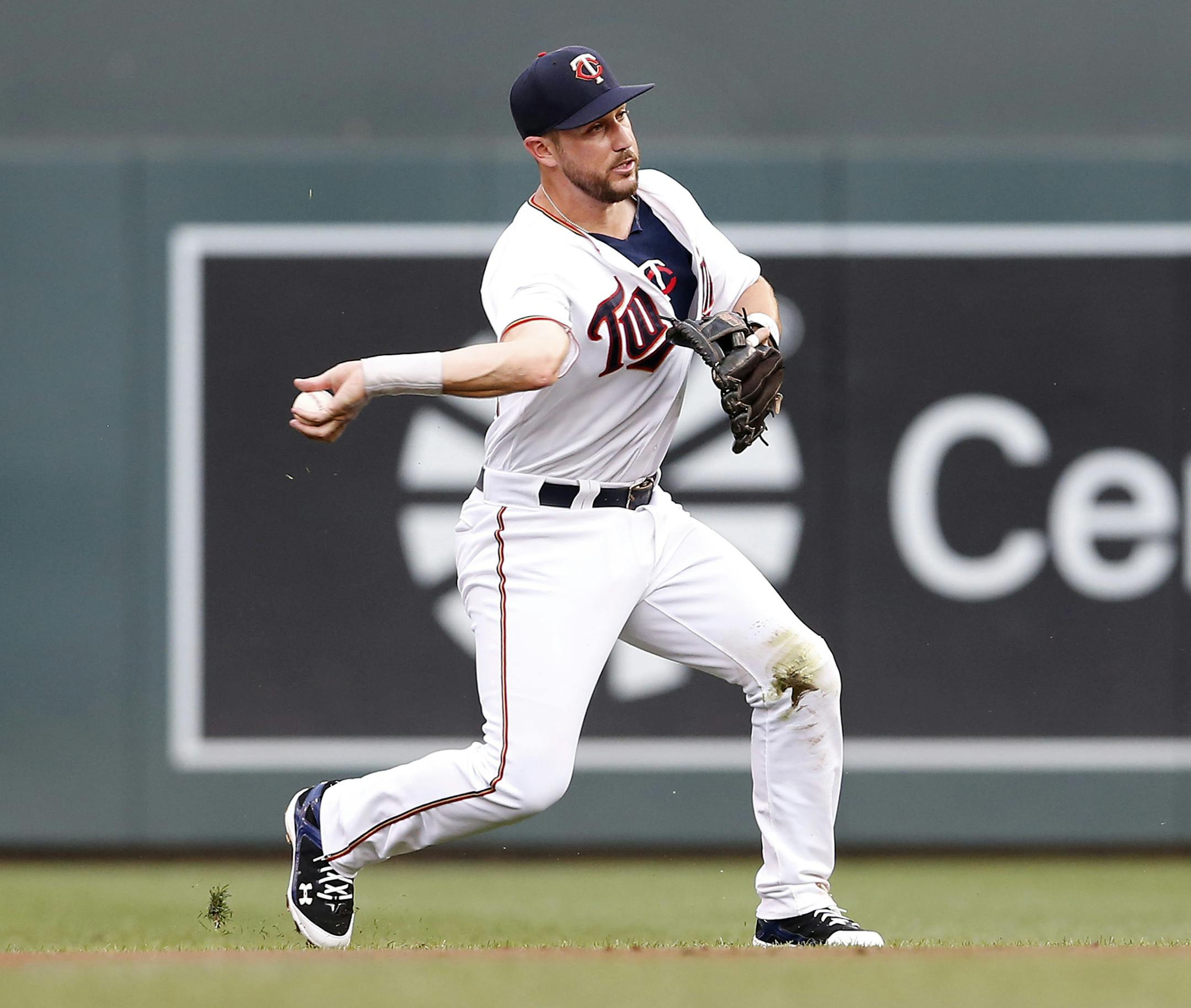Minnesota Twins second baseman Brian Dozier (2) threw out Pedro Alvarez in the second inning. ] CARLOS GONZALEZ cgonzalez@startribune.com - July 28, 2015, Minneapolis, MN, Target Field, Minnesota Twins vs. Pittsburg Pirates