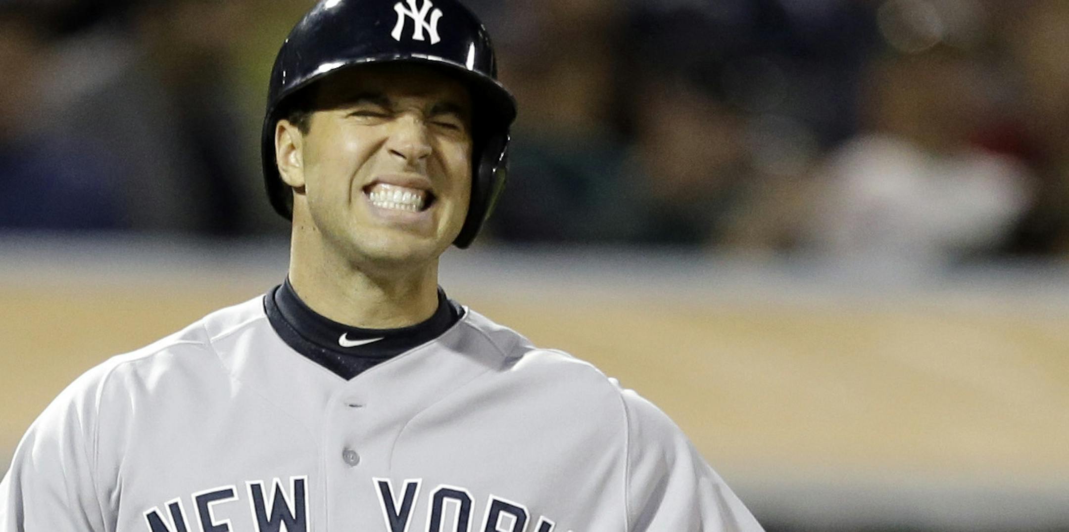 New York Yankees' Mark Teixeira reacts after taking a strike from Oakland Athletics' Jerry Blevins in the eighth inning of a baseball game Tuesday, June 11, 2013, in Oakland, Calif. (AP Photo/Ben Margot)