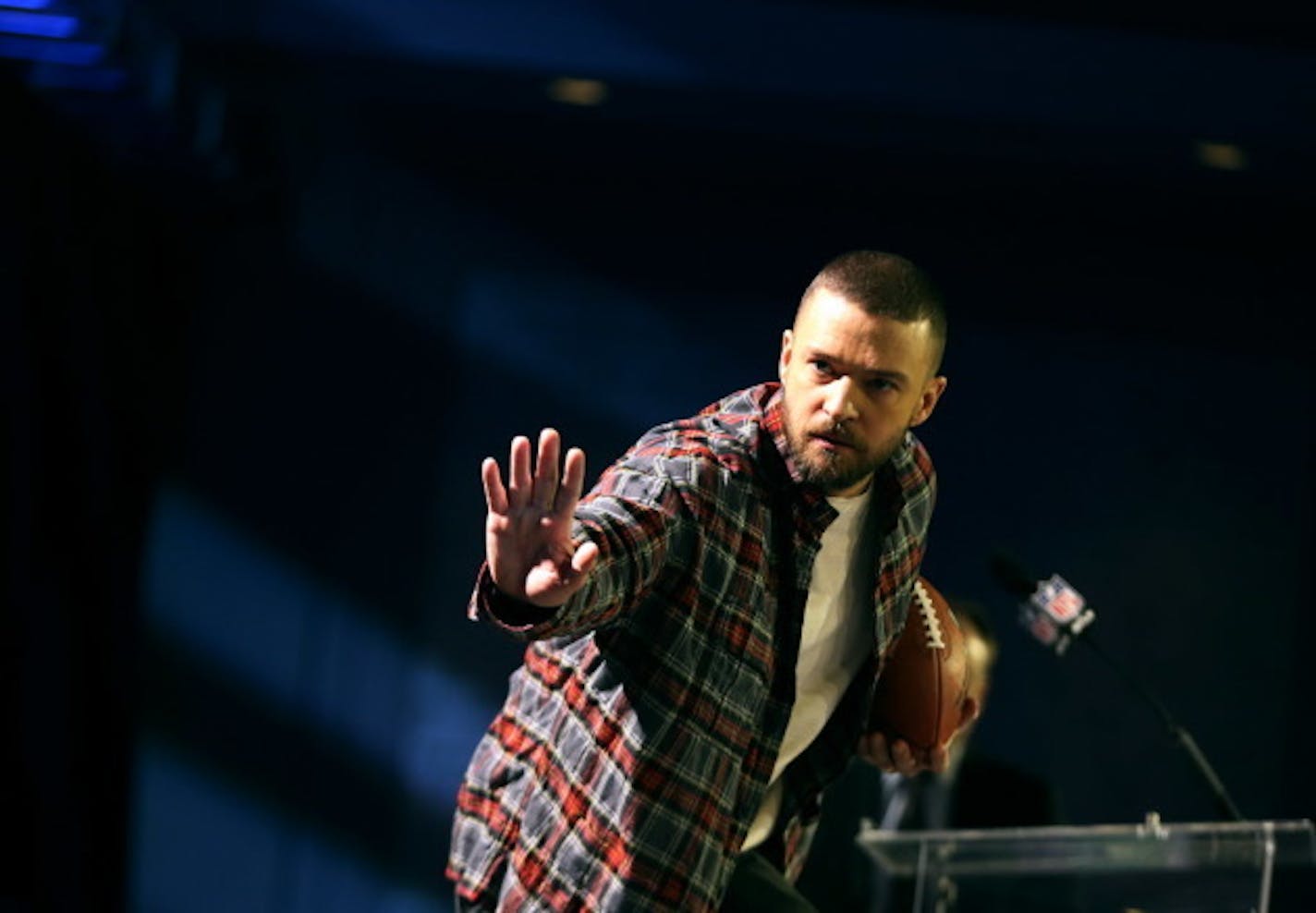 Justin Timberlake struck a Heisman pose after a press conference at the Hilton Hotel about his performance at the Super Bowl half time show Feb 1, 2017 Minneapolis,  MN.] JERRY HOLT ' jerry.holt@startribune.com