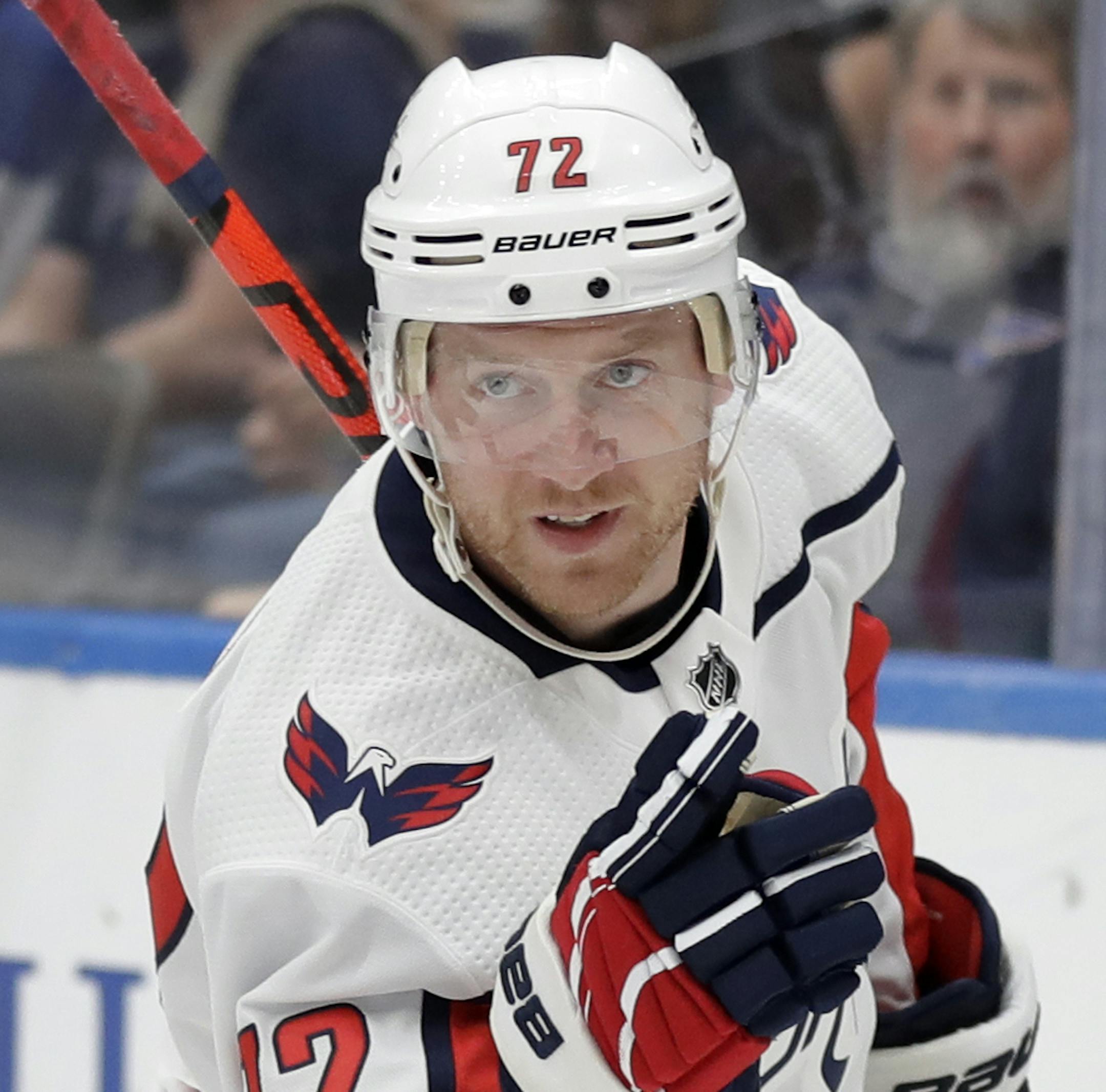 Washington Capitals' Travis Boyd celebrates after scoring during the first period of an NHL preseason hockey game against the St. Louis Blues, Friday, Sept. 27, 2019, in St. Louis. (AP Photo/Jeff Roberson) ORG XMIT: MERaa613ca8546c496aeb74d1fd01b06