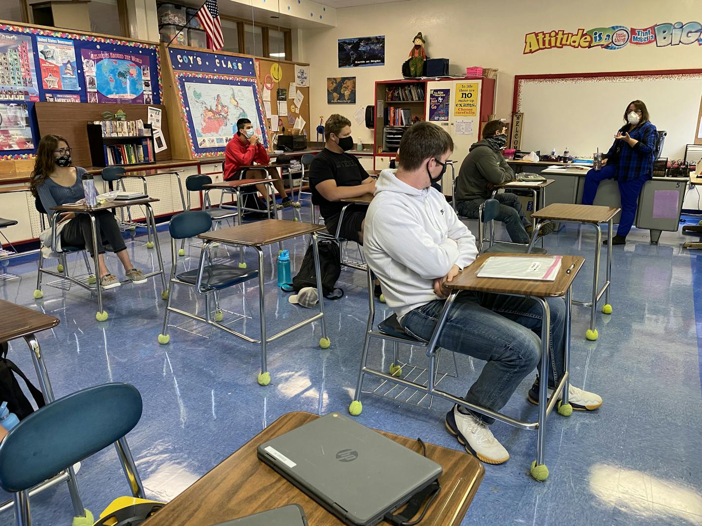 Deb Coy led her senior government class on the first day of school Sept. 8 at Carlton High School in Carlton, Minn. Carlton will be implementing a hybrid style for this school year with students being in person two days and online three days each week.