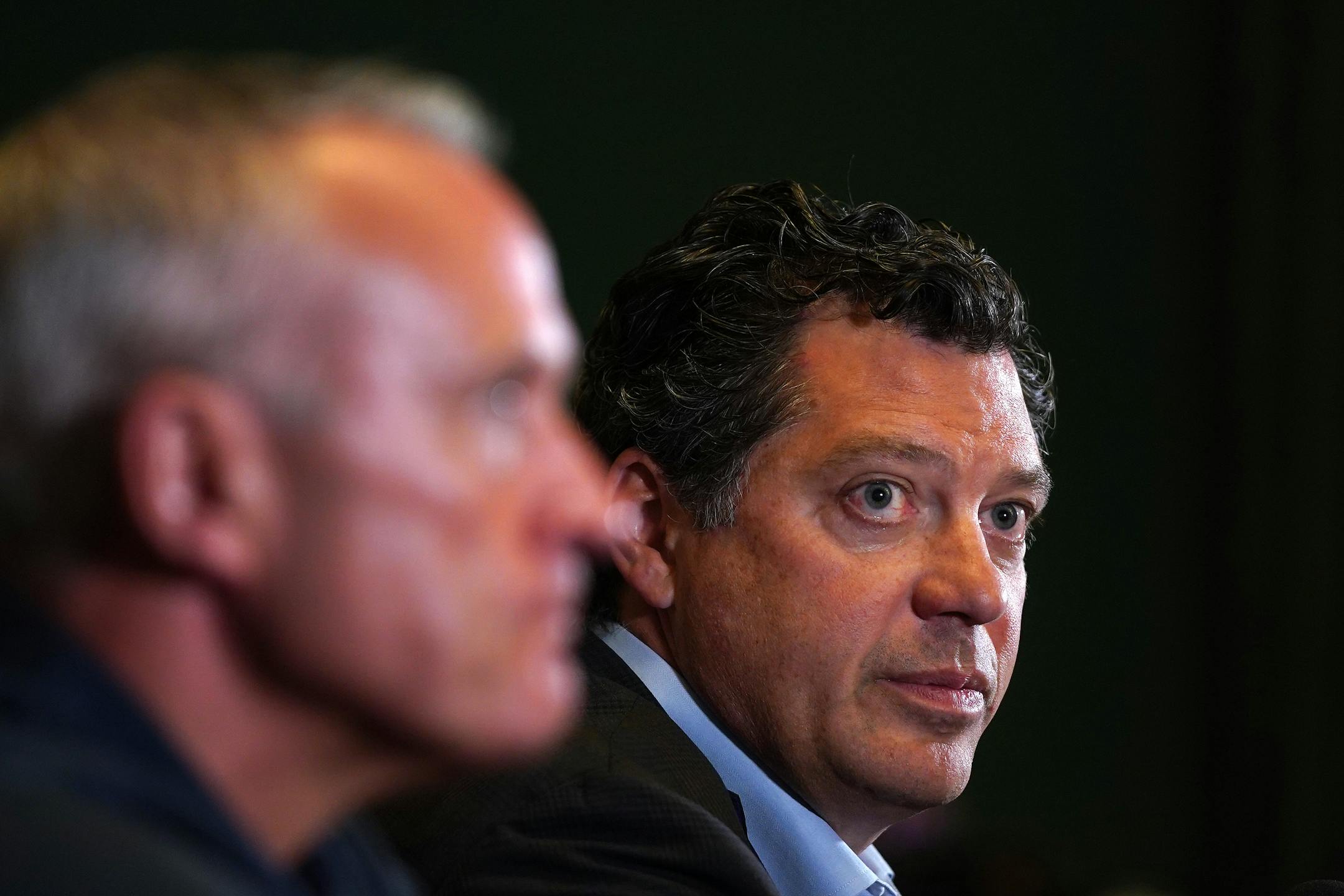 Wild General Manager Bill Guerin took a question during an end of season news conference with head coach Dean Evason.