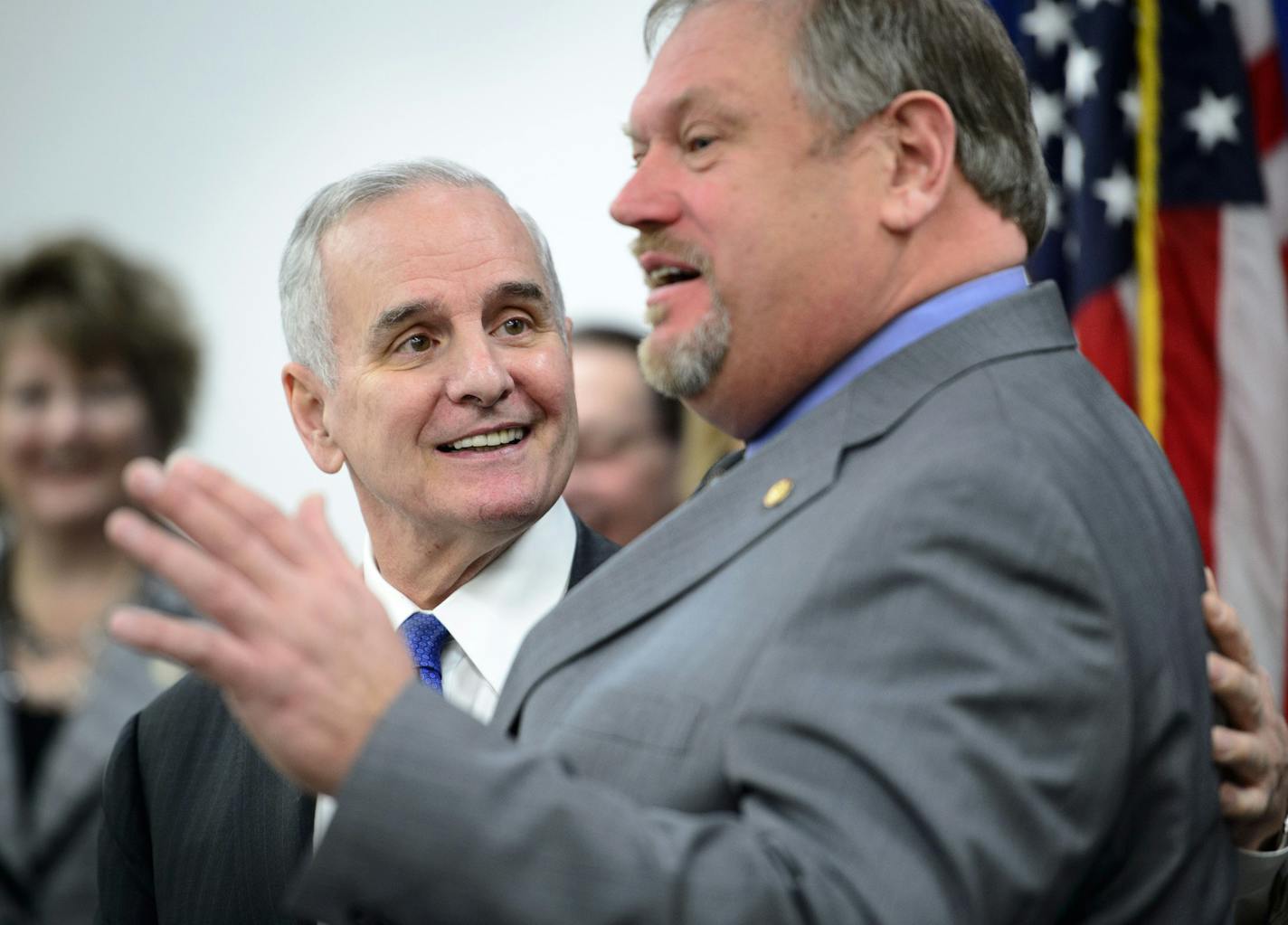 Gov. Mark Dayton and Sen. Tom Bakk will share the same microphone Thursday that the governor used to blast the Senate majority leader a few weeks back. The event to tout the Senate DFL's transportation proposal is the first time Dayton and Bakk will appear publicly together since their falling-out ] GLEN STUBBE * gstubbe@startribune.com Thursday, March 5, 2015,