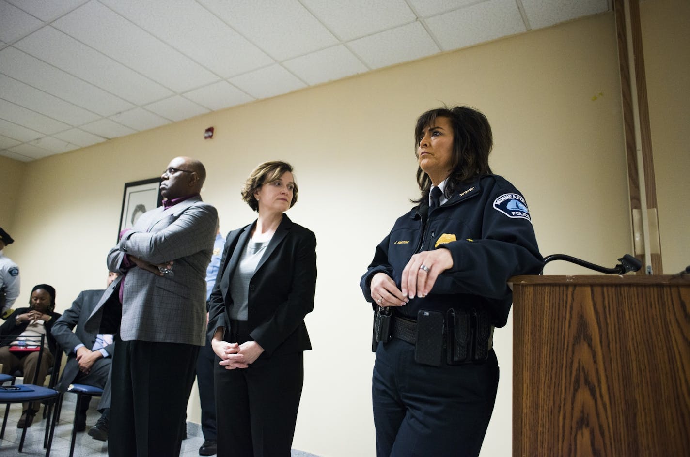 Protestors interrupted a meeting at the Minneapolis Urban League where Mayor Betsy Hodges and Police Chief Jane� Harteau addressed community members.