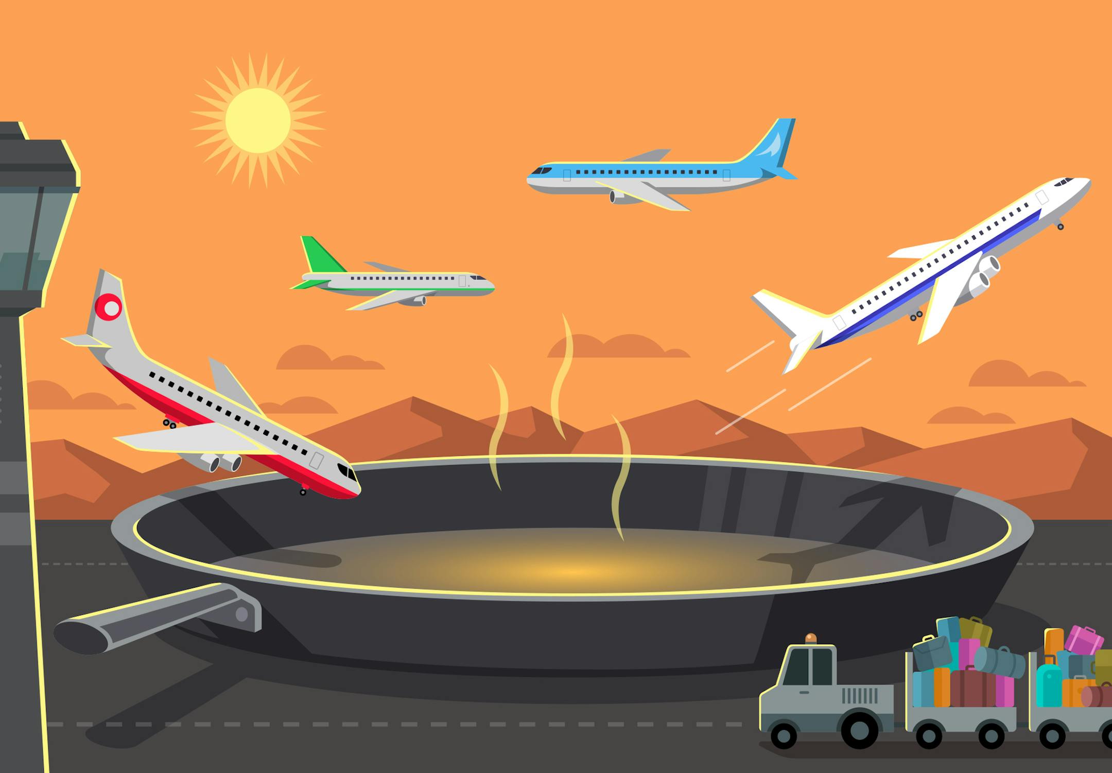 -- ILLUSTRATION MOVED IN ADVANCE AND NOT FOR USE - ONLINE OR IN PRINT - BEFORE OCT. 01, 2017. -- Sea walls, longer runways and lighter plane loads could add major expenses for the global airport industry, which transports billions of passengers every year. (Andrew Roberts/he New York Times) -- NO SALES; FOR EDITORIAL USE ONLY WITH AIRPORTS CLIMATE ADV01 BY MIKE IVES FOR OCT. 01, 2017. ALL OTHER USE PROHIBITED. --