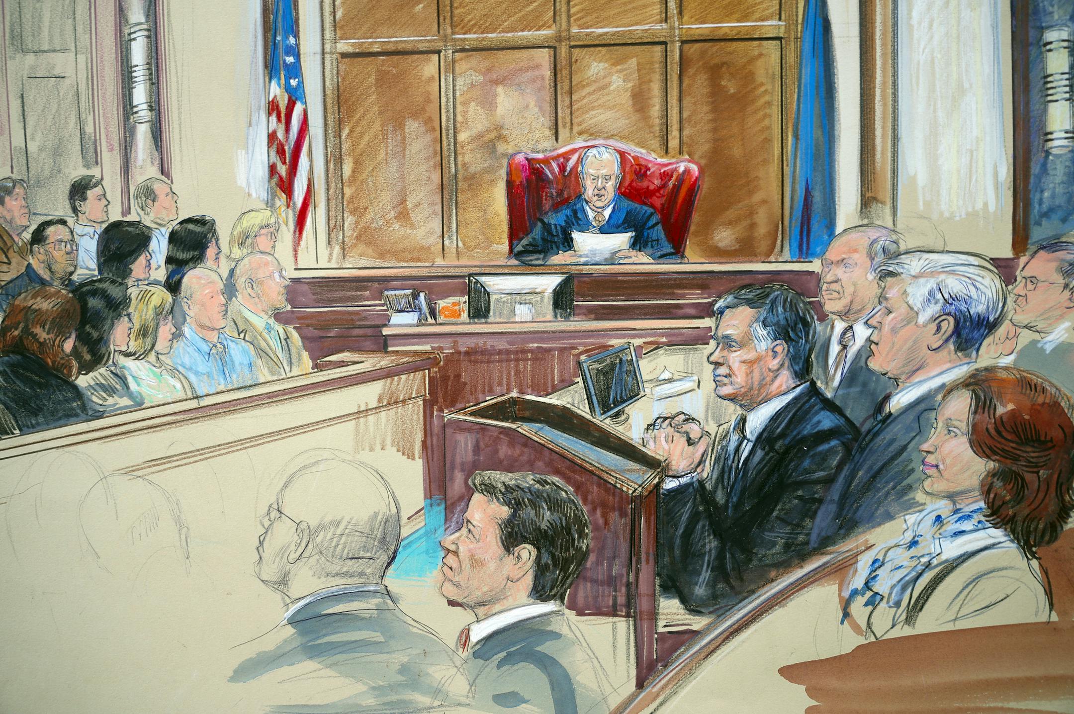 This courtroom sketch shows Paul Manafort listening to U.S. District court Judge T.S. Ellis III at federal court in Alexandria, Va., Tuesday, Aug. 21, 2018. Manafort, the longtime political operative who for months led Donald Trump's winning presidential campaign, was found guilty of eight financial crimes in the first trial victory of the special counsel investigation into the president's associates. A judge declared a mistrial on 10 other counts the jury could not agree on. Kathleen Manafort l