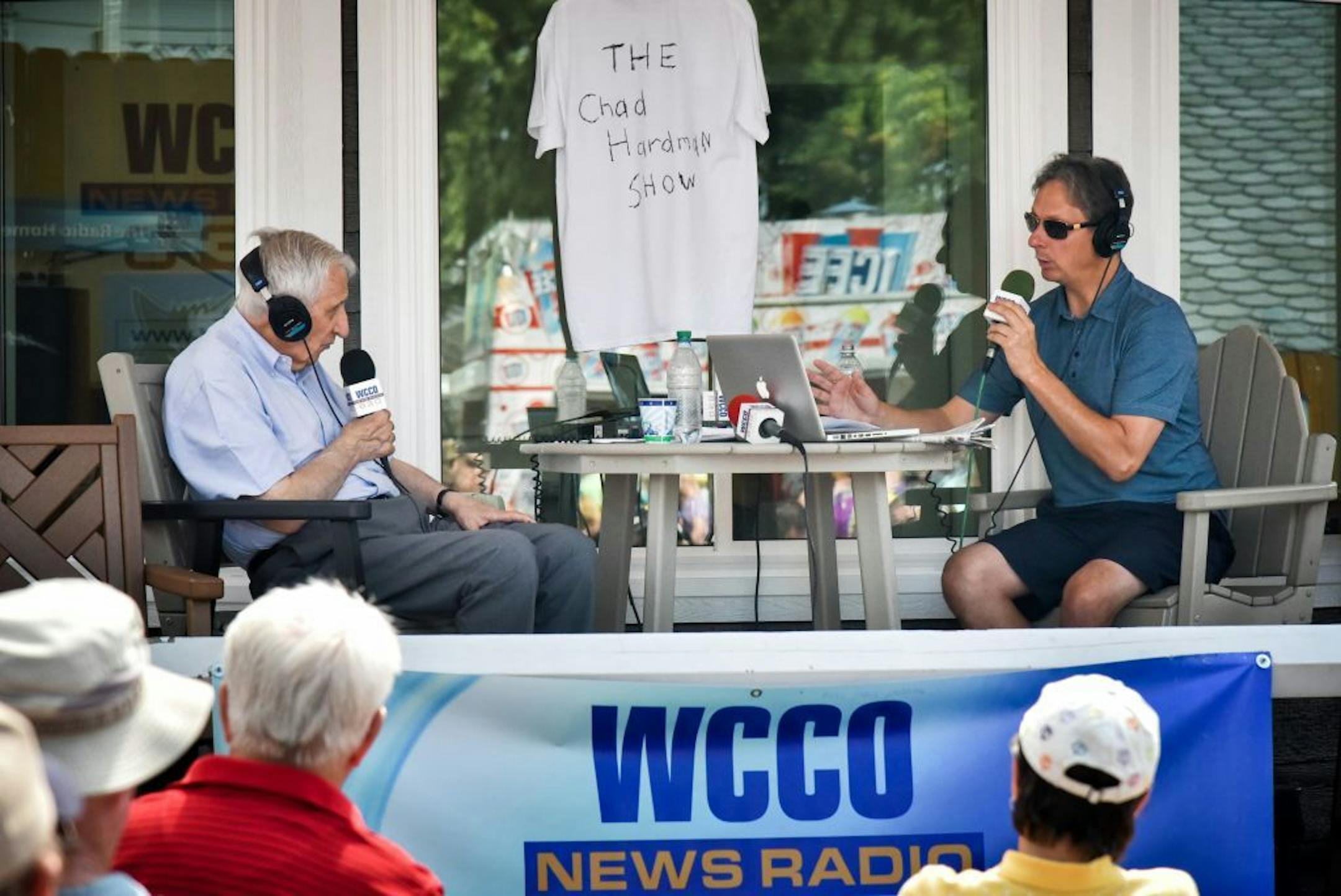 WCCO Radio's Chad Hartman interviews his dad Sid Hartman of the Star Tribune, Monday at the State Fair,