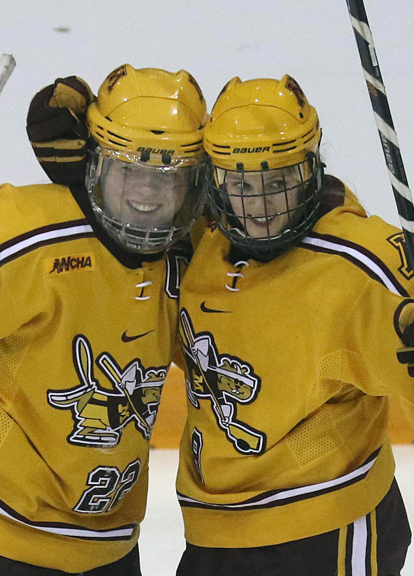 Minnesota&#xed;s Amanda Kessel (right) and teammate Hannah Brandt celebrated Kessel&#xed;s second goal in the first period.] JIM GEHRZ &#xef; james.gehrz@startribune.com / Minneapolis, MN / March 12, 2016 / 4:00 PM &#xf1; BACKGROUND INFORMATION: Women's hockey playoffs, Gophers vs. Princeton in NCAA tournament quarterfinals at Ridder Arena, 4 pm.