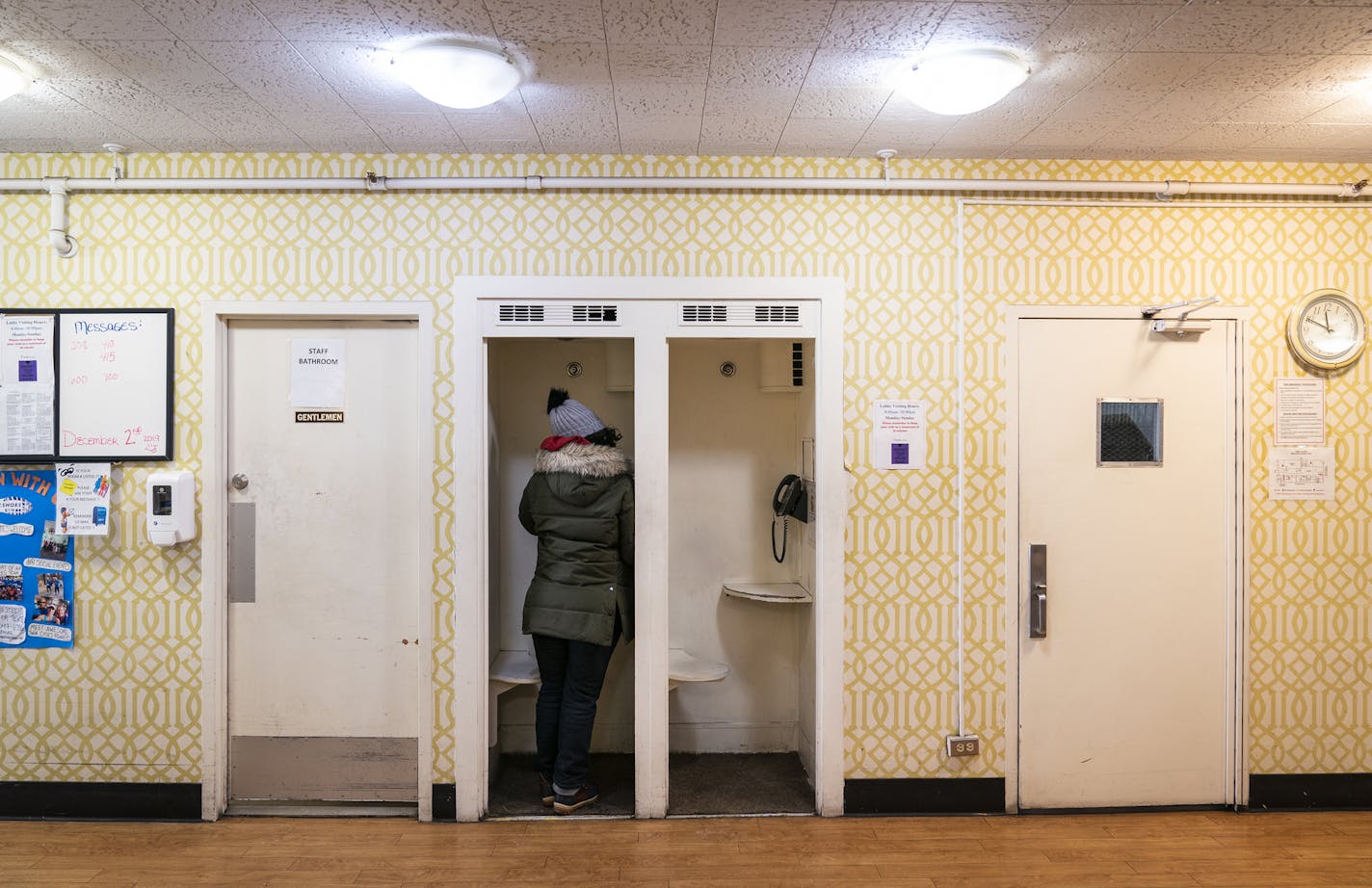 The lobby area with phone booths at Exodus Residence. The new building in downtown Minneapolis will more than double the number of rooms for homeless residents.