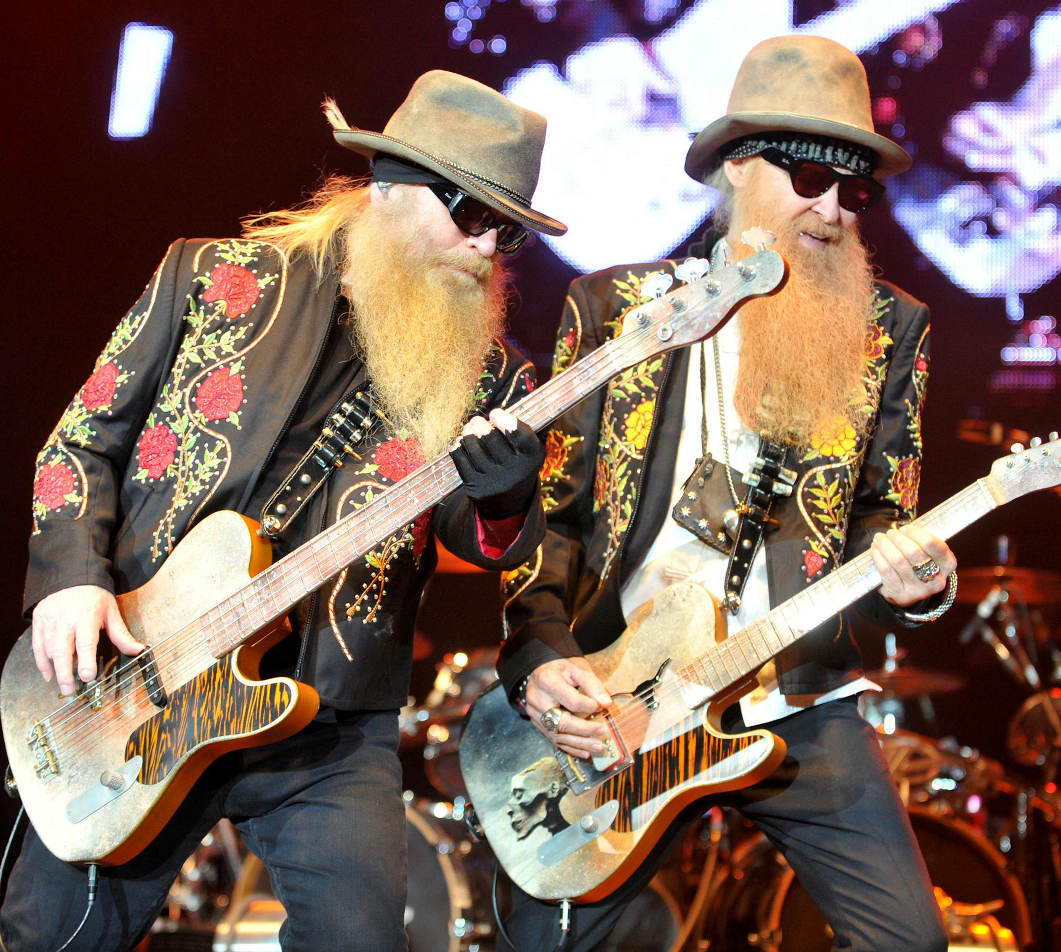 Dusty Hill, left, and Billy Gibbons of the U.S. rock band ZZ Top perform during their Summer/Fall Tour concert in Pardubice, Czech Republic, on Monday, July 8, 2013. (CTK Photo/Vostarek Josef) SLOVAKIA OUT ORG XMIT: MIN2013072909543136