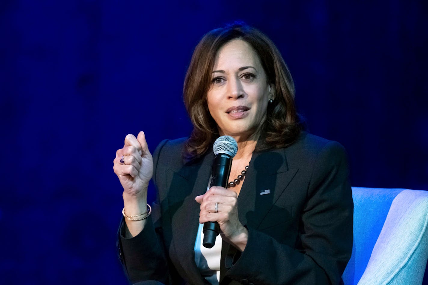 Vice President Kamala Harris speaks at the Nate Holden Performing Arts Center in Los Angeles Monday, Oct. 17, 2022. Harris, Los Angeles city mayoral candidate Karen Bass and Celinda Vazquez, VP of Public Affairs for Planned Parenthood LA, held a moderated conversation about protecting reproductive rights. (David Crane/The Orange County Register via AP)