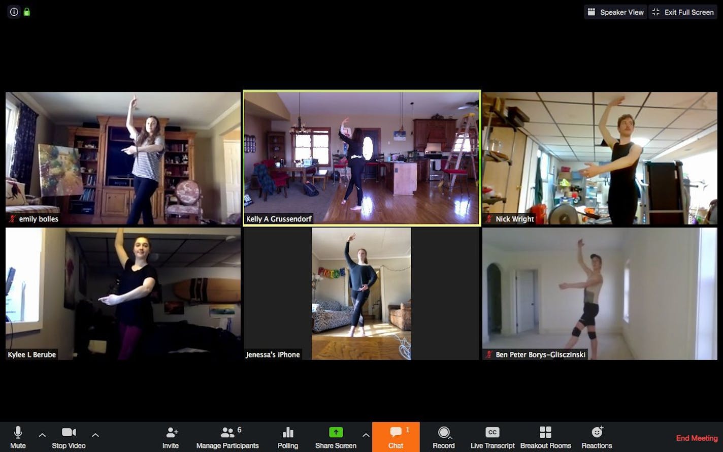 UMD theater professor Kelly Grussendorf leads one of her dance classes online in April."My immediate thought was, 'Oh no, I have to cancel the rest of the semester.' Then my next thought was: 'The students need this.'"