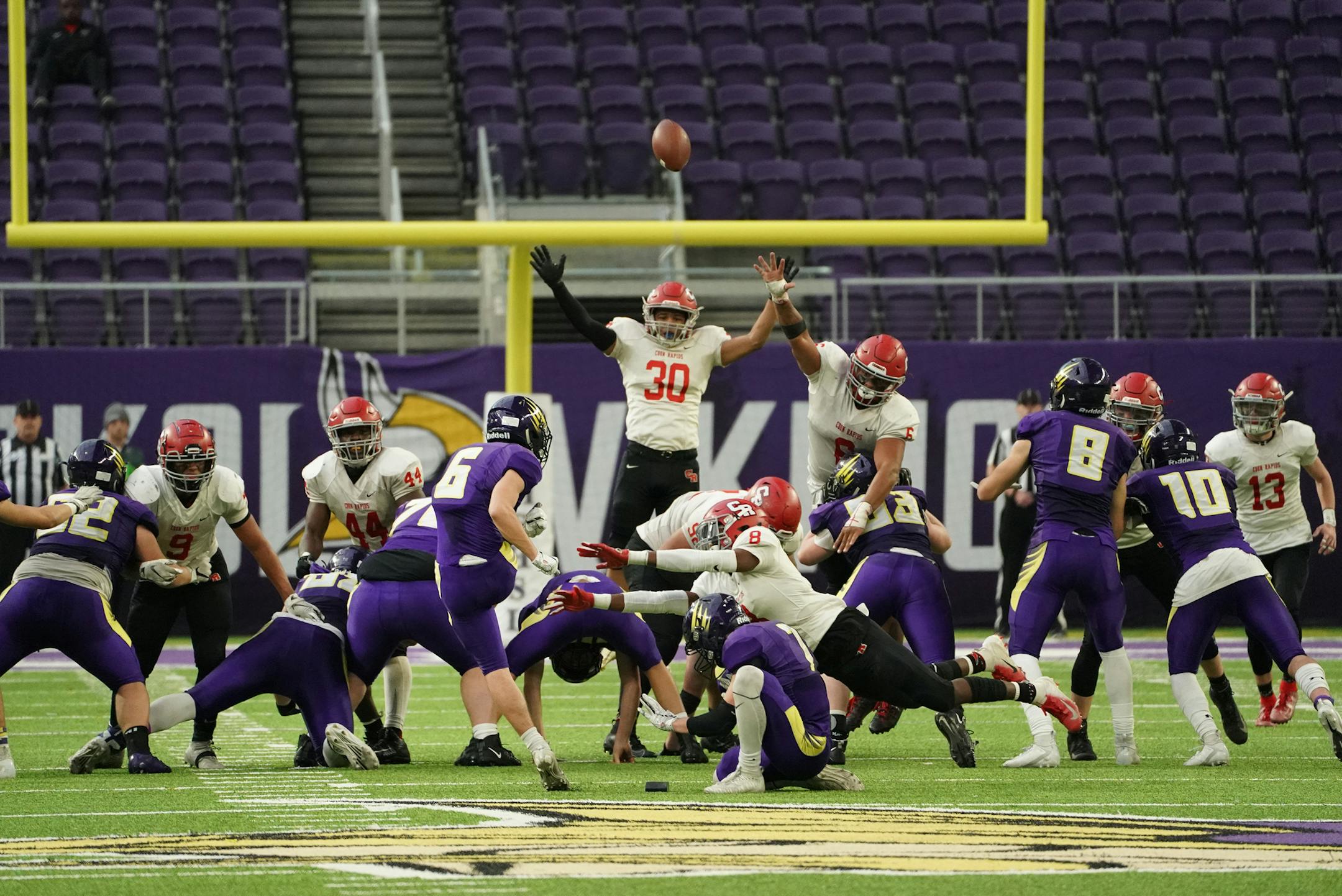 Chaska's Nic Snuggerud (6) kicked a 52-yard field goal in the second quarter. ] Shari L. Gross &#xa5; shari.gross@startribune.com Chaska led Coon Rapids 17-0 at the half in a Class 5A state semifinal game inside U.S. Bank Stadium in Minneapolis, Minn. on Friday, Nov. 15, 2019. 2 p.m., 5A, Coon Rapids vs. Chaska