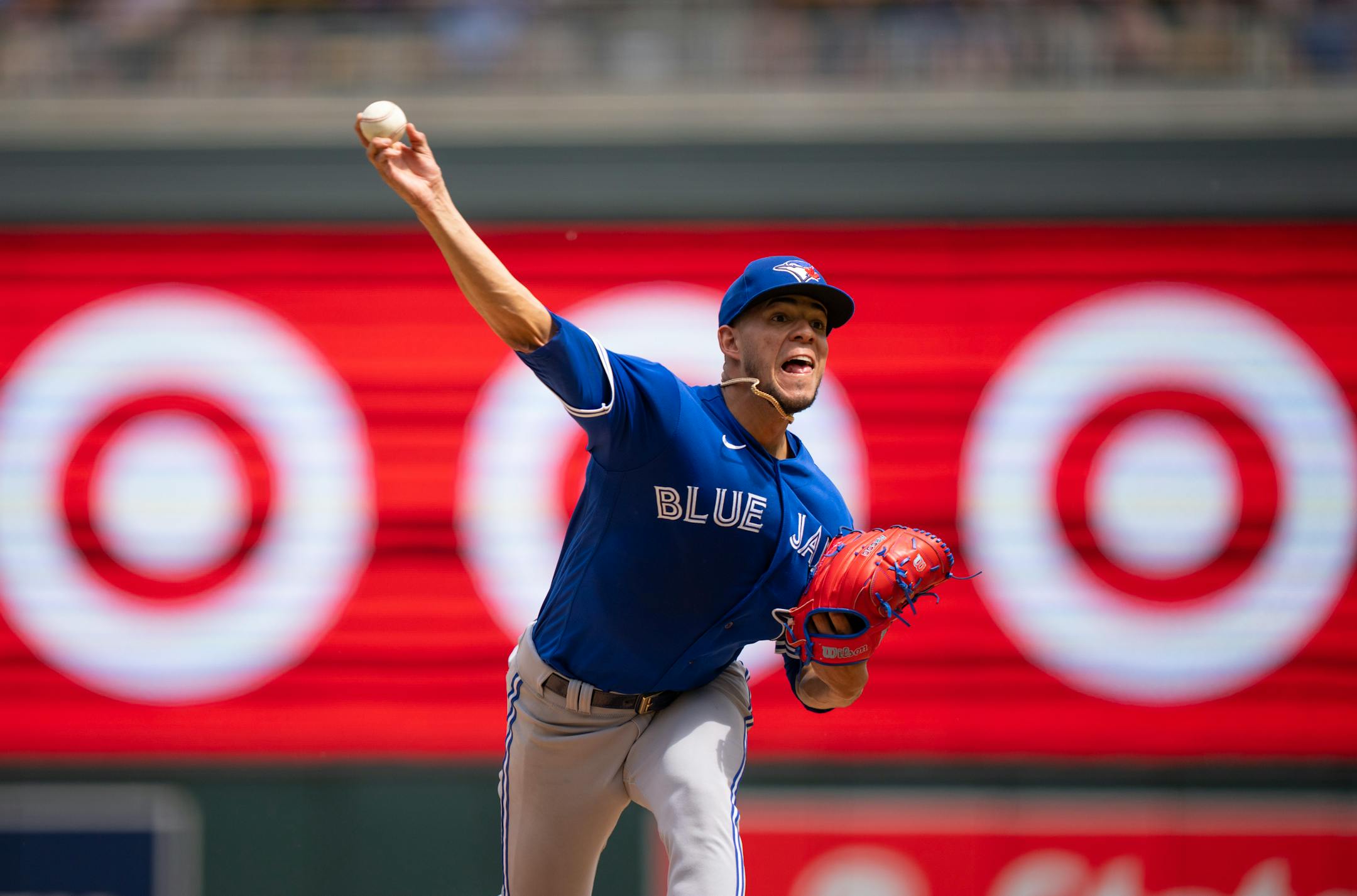 Toronto Blue Jays starting pitcher Jose Berrios throwiing against the Twins.