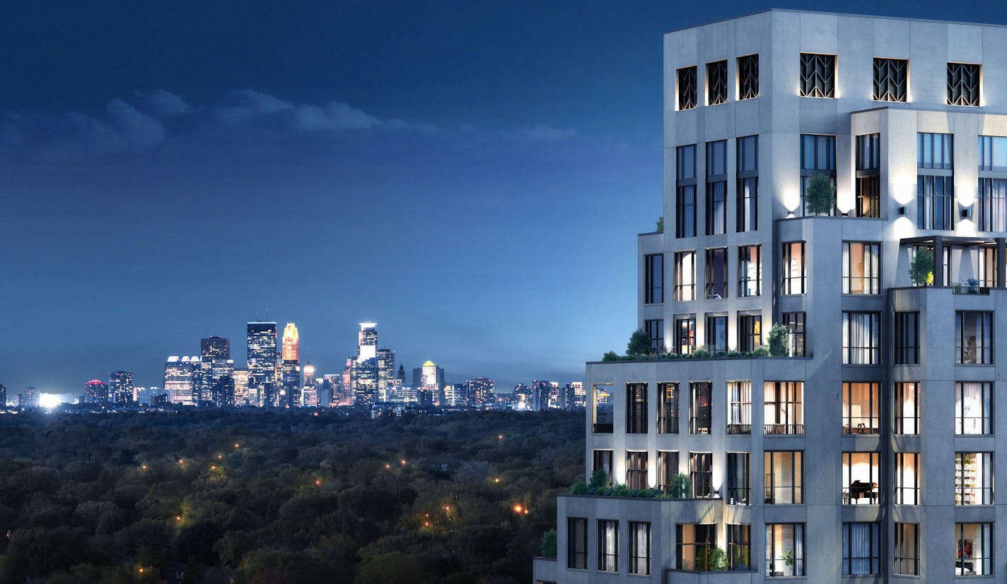 A rendering shows a view of downtown Minneapolis and one of the Estelle towers. The $250 million project is still early in the approvals process.