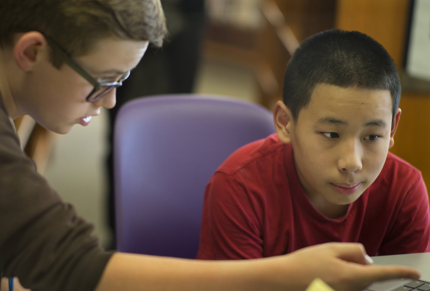 At South View Middle School's Writing Center, 8th grader Kunsang Dhonub got help with a sugar trade essay from 9th grader Tanner Jones.Students can get help before or after school on class writing projects. Edina school officials say its the only center in Minnesota that serves middle school students.].Richard Tsong-Taatarii/rtsong- taatarii@startribune.com