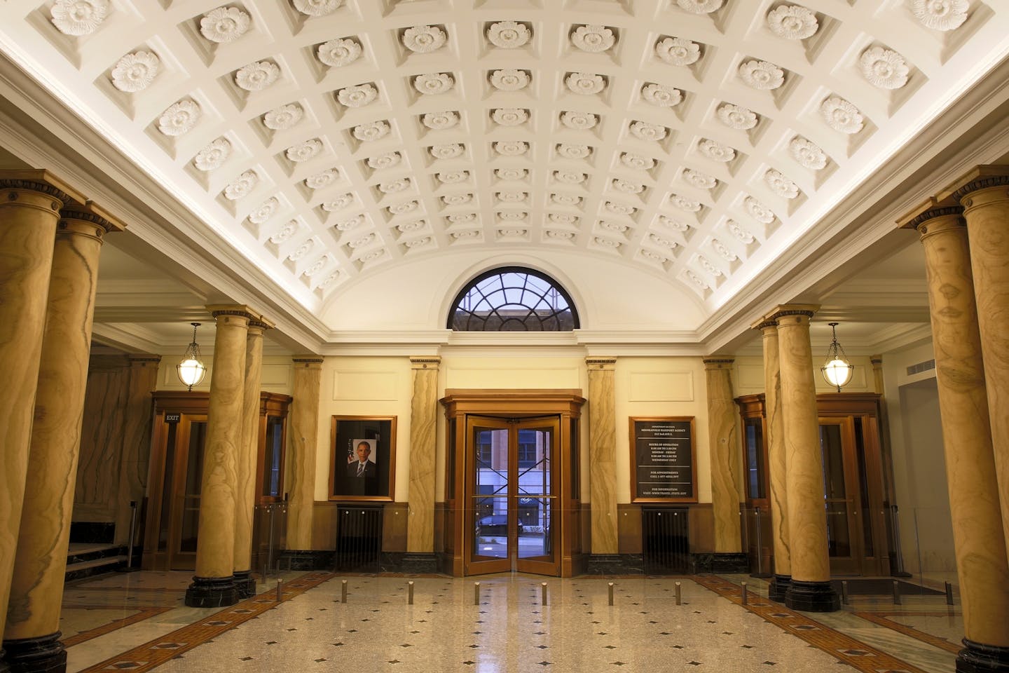 A coffered ceiling is a centerpiece of the remodeled lobby of the Federal Office Building in downtown Minneapolis.