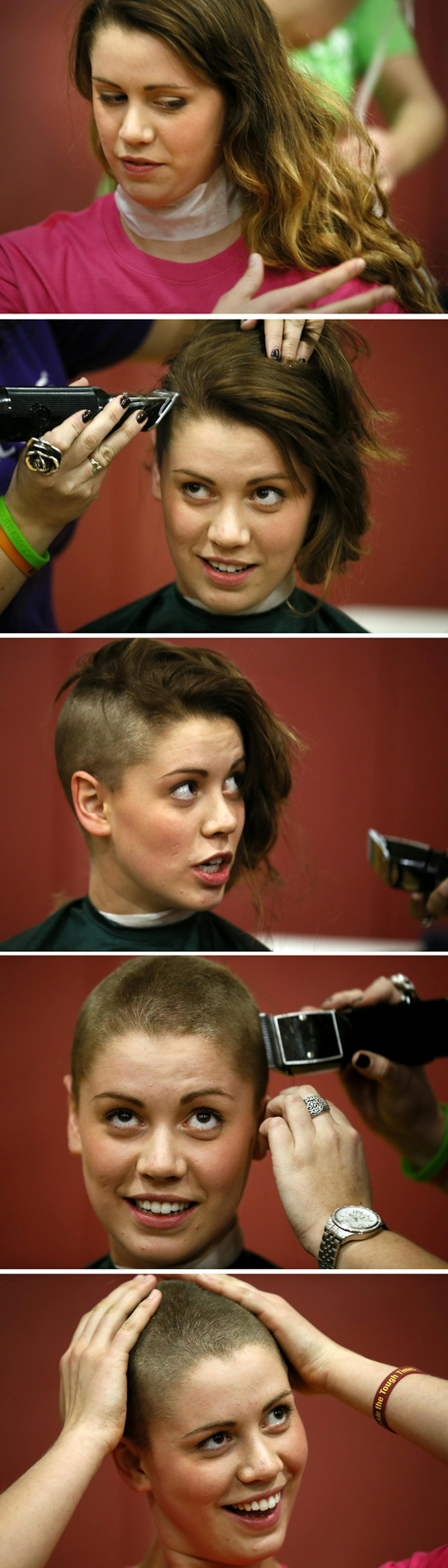 Over 100 athletes from the UofM Football, Volleyball, Hockey and Baseball teams, along with coaches and friends came together Monday to cut their hair for a good cause. U of Minnesota wide receiver Connor Cosgrove, who is battling leukemia, conceptualized the idea and immediately got more than 60 of his teammates to commit to shaving their heads for the cause. The Gophers are partnering with St. Baldrick's Foundation to raise money and awareness to help fund pediatric cancer research. Here, Seni