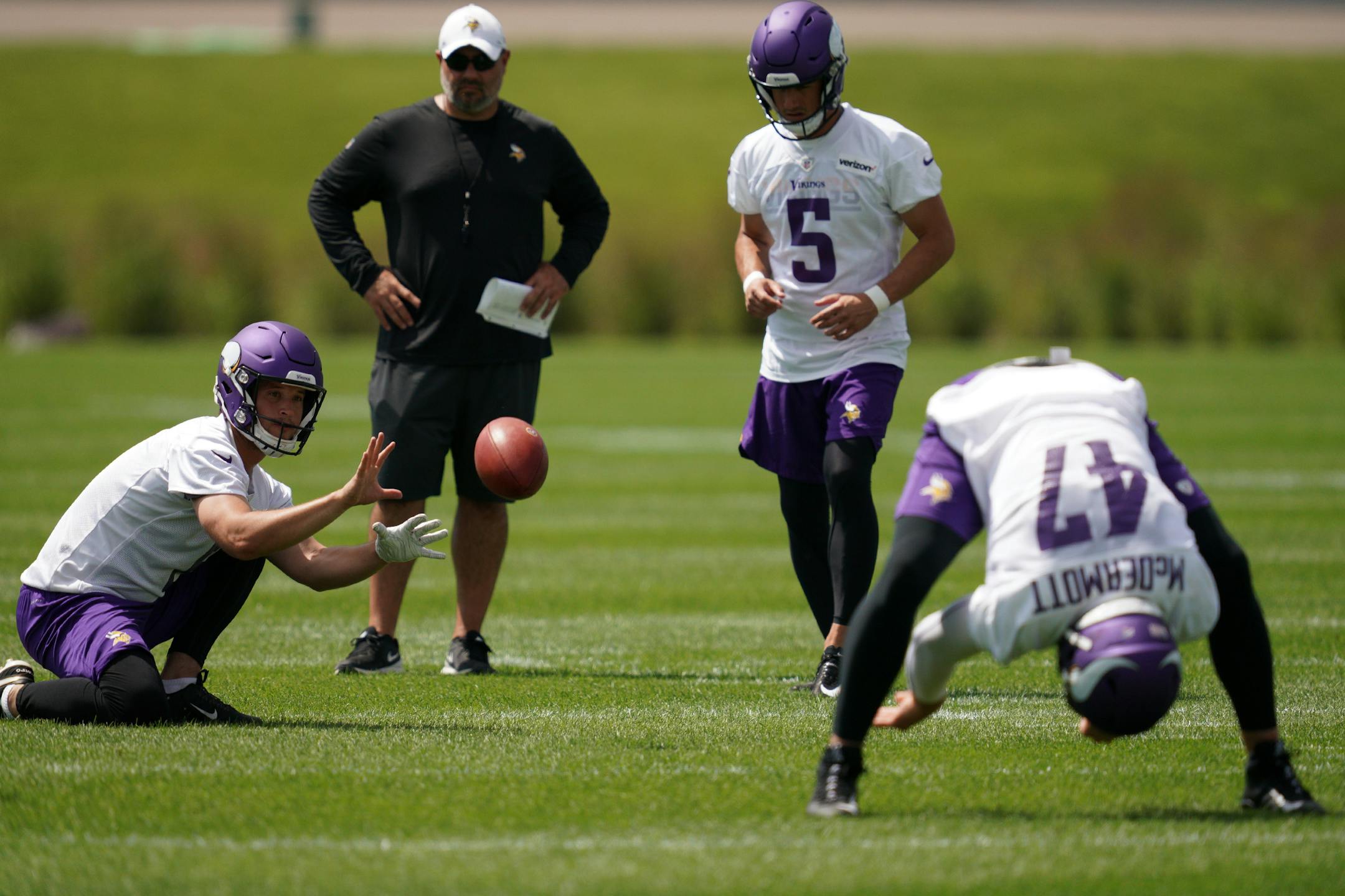 Vikings kicker Dan Bailey (5), punter/holder Matt Wile and long snapper Kevin McDermott worked out together during a recent training camp practice.