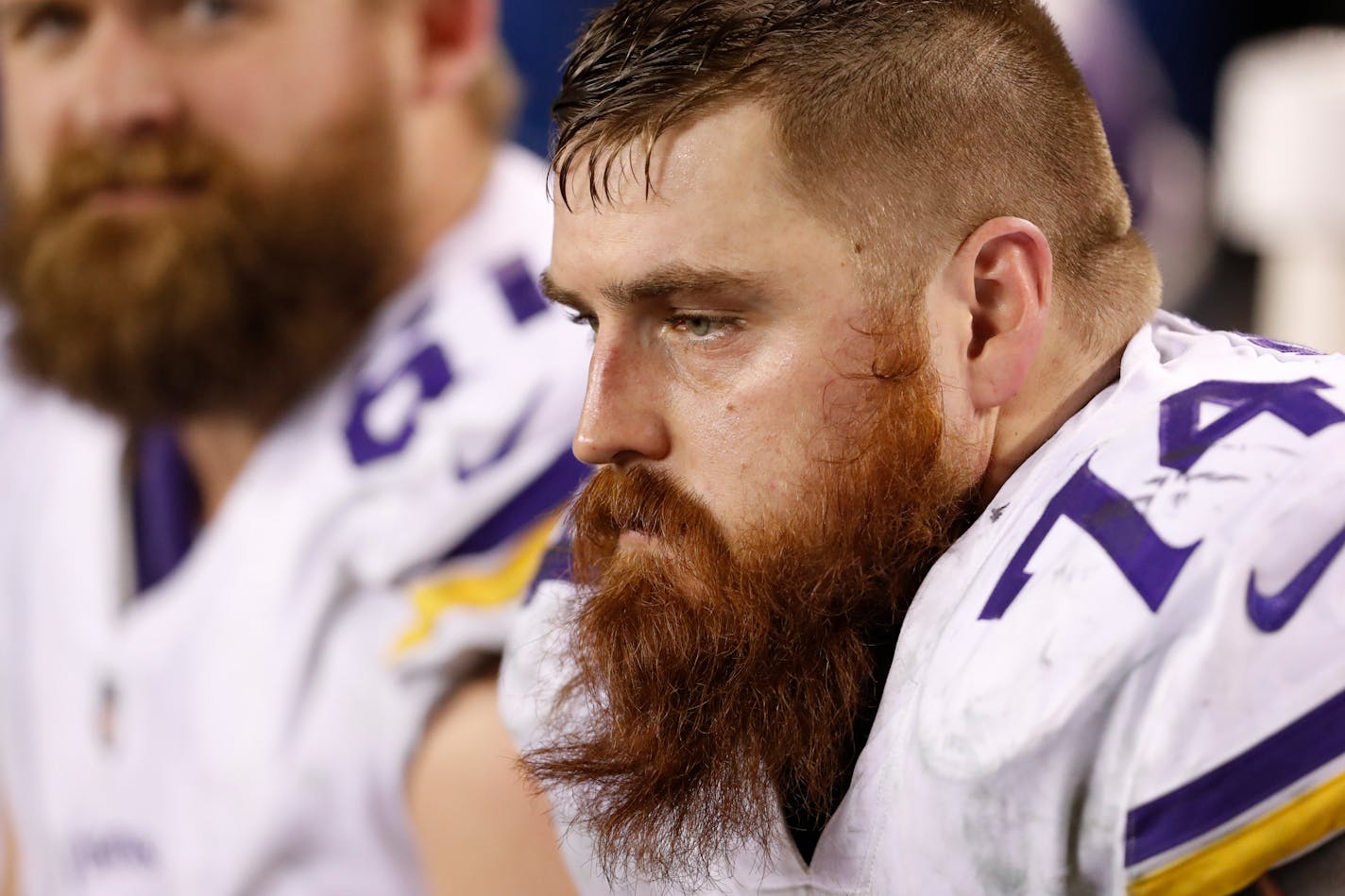 Vikings offensive tackle Mike Remmers sat and stared on the sidelines after losing to the Philadelphia Eagles 38-7 in Sunday's NFC Championship Game.