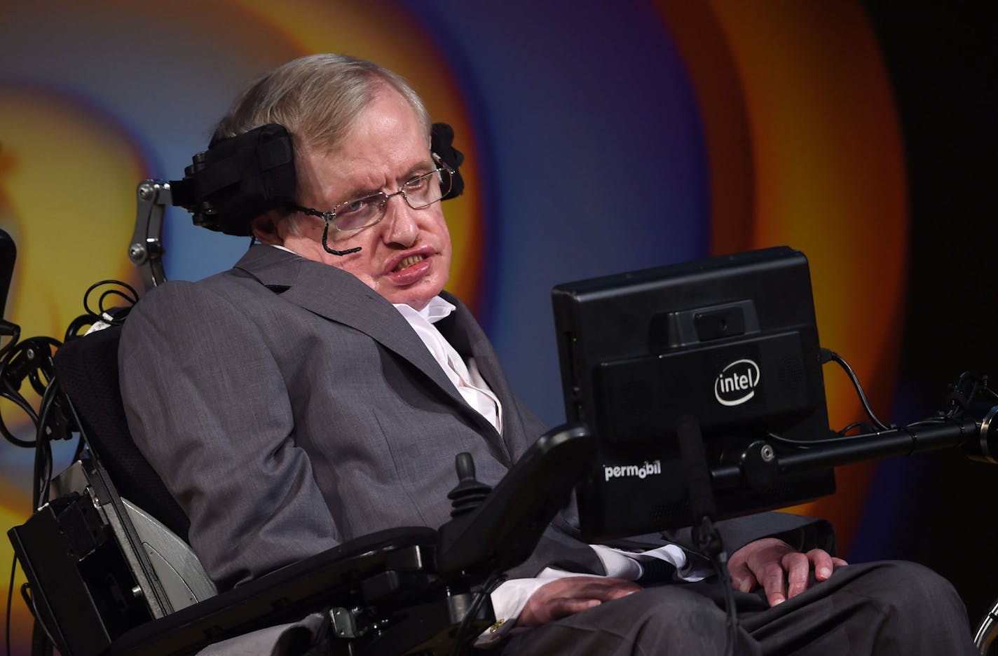 Stephen Hawking talks about his life and work during a public symposium to celebrate his 75th birthday at Lady Mitchell Hall in Cambridge. Cambridge, UK, on July 2, 2017. (Joe Giddens/PA Wire/Abaca Press/TNS) ORG XMIT: 1225955