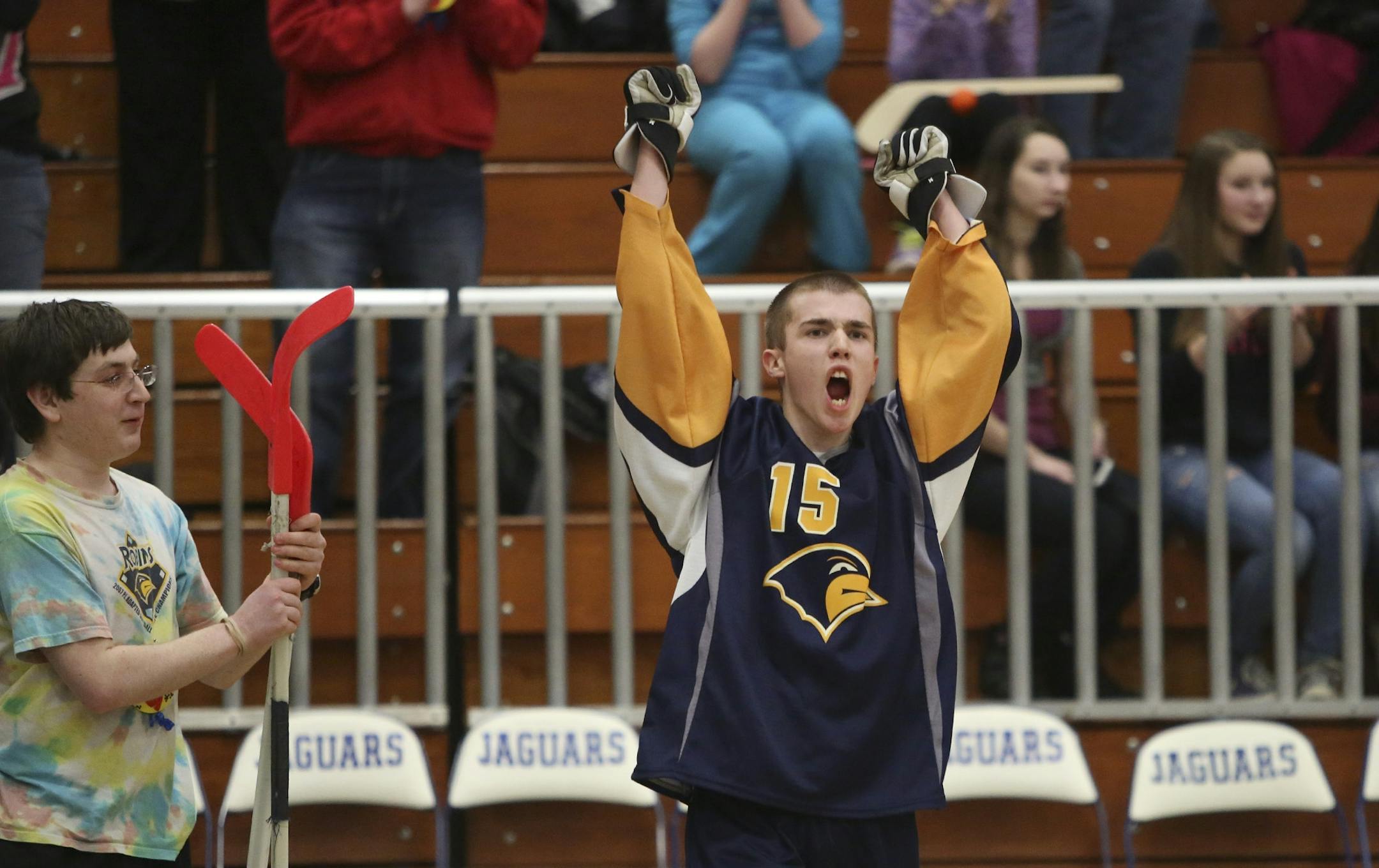 Robbinsdale's Tyler Sarff celebrated after winning the PI adapted floor hockey state championship