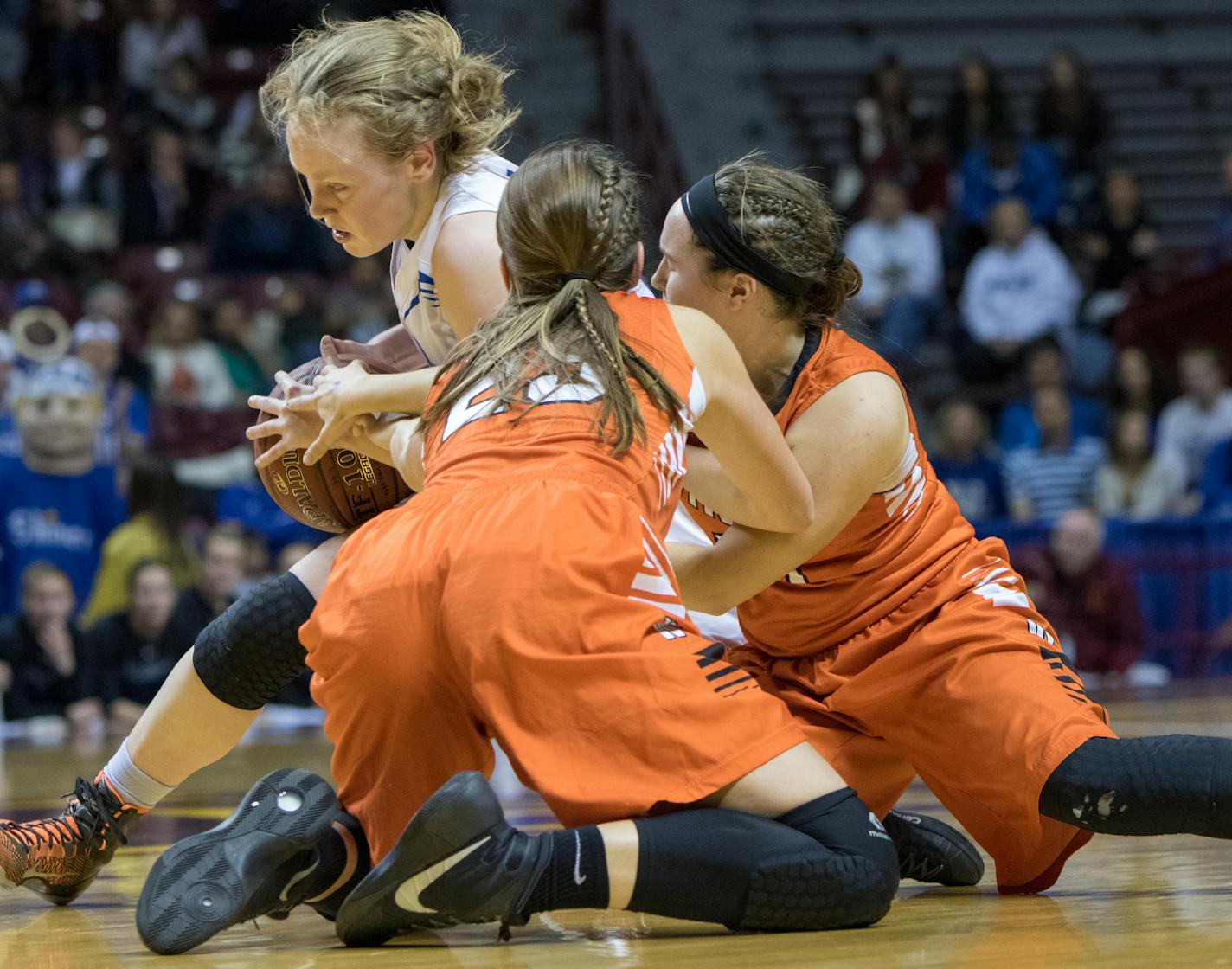 Academy of Holy Angels forward Laura Bagwell-Katalinich (12) comes away with the loose ball, Winona guard Justine Schultz (11) andnforward Hallee Hoeppner (23) in the Class 3A Finals of the 2016 MSHSL Girls Basketball Tournament on March 19, 2016 at Williams Arena on the campus of University of Minnesota in Minneapolis, Minn. [ Special to Star Tribune, Matt Blewett | matt@mattebphoto.com, Matte B Photography, 2016 MSHSL Girls Basketball Tournament, Academy of Holy Angels, Winona High School, 416