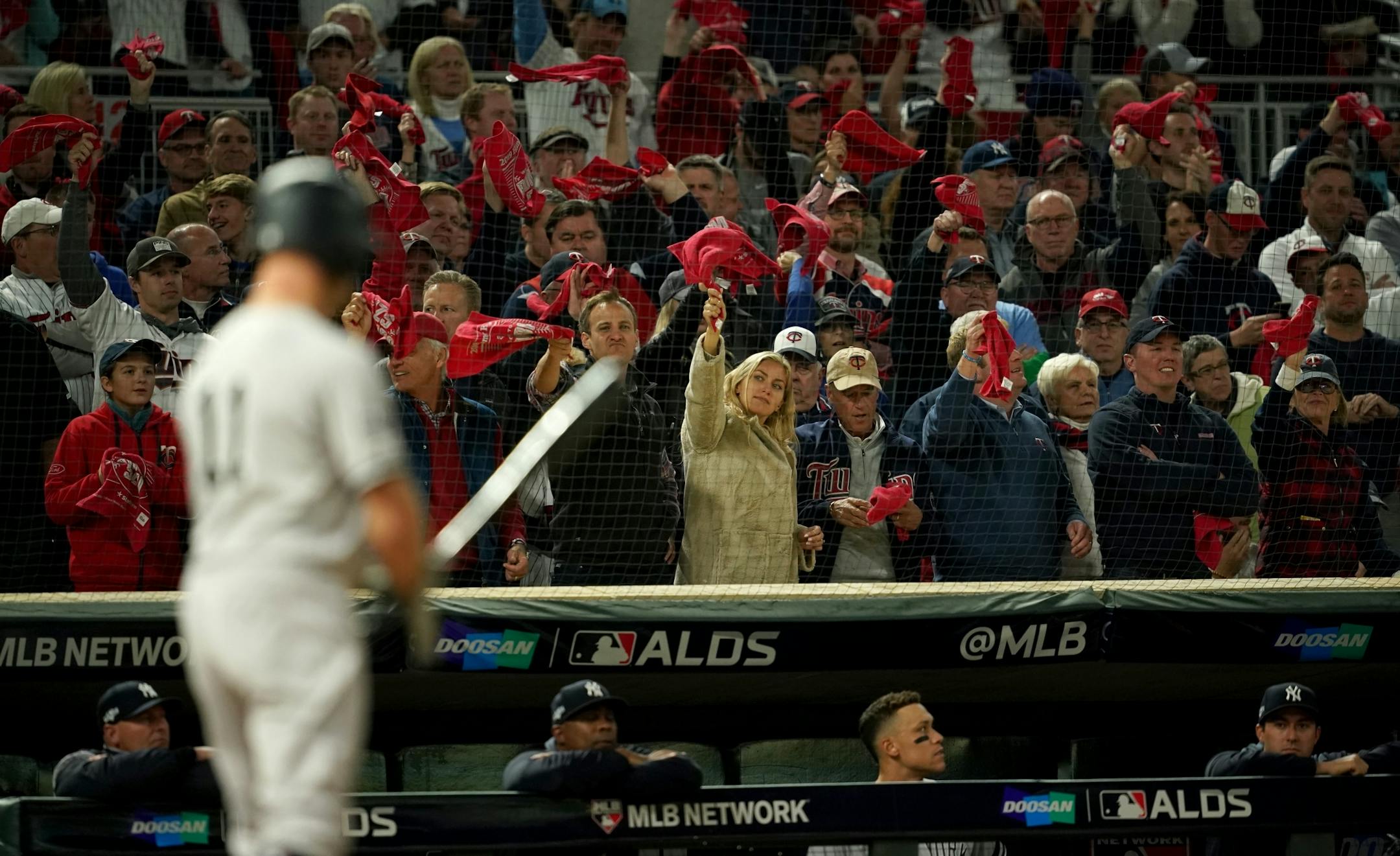 Fans waved the Homer Hankies to to get behind the Twins in the third inning.