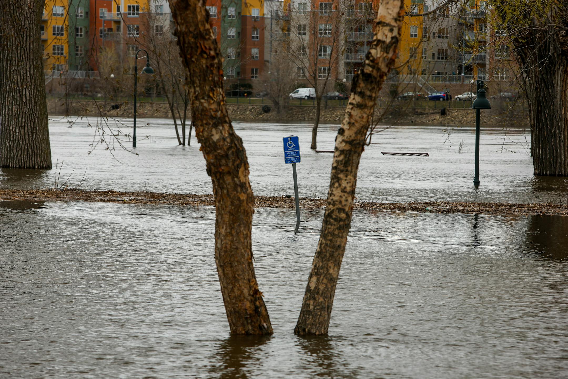 The parking lot at Harriet Island Regional Park sit partially submerged in water Sunday, April 23, 2023, during a period of high spring flooding in St. Paul.