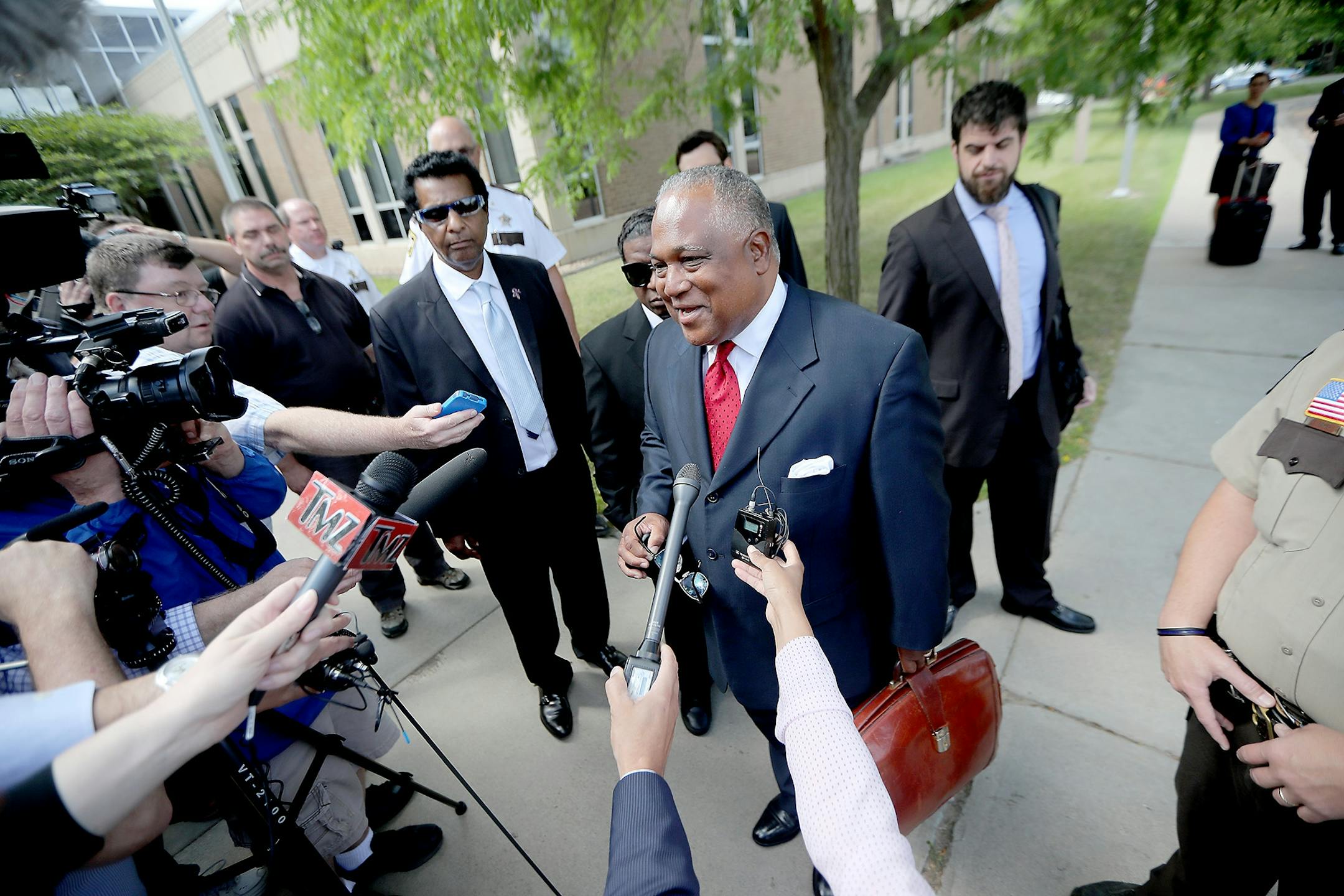 Prince's half-brother Alfred Jackson, left, stood next to his attorney Frank Wheaton as he spoke to the media after leaving the Carver County Justice Center on June 27, 2016 in Chaska, MN. Attorneys representing the potential heirs to Prince's estate met in court to discuss issues related to DNA testing of those making a claim to the late musician's music and millions.