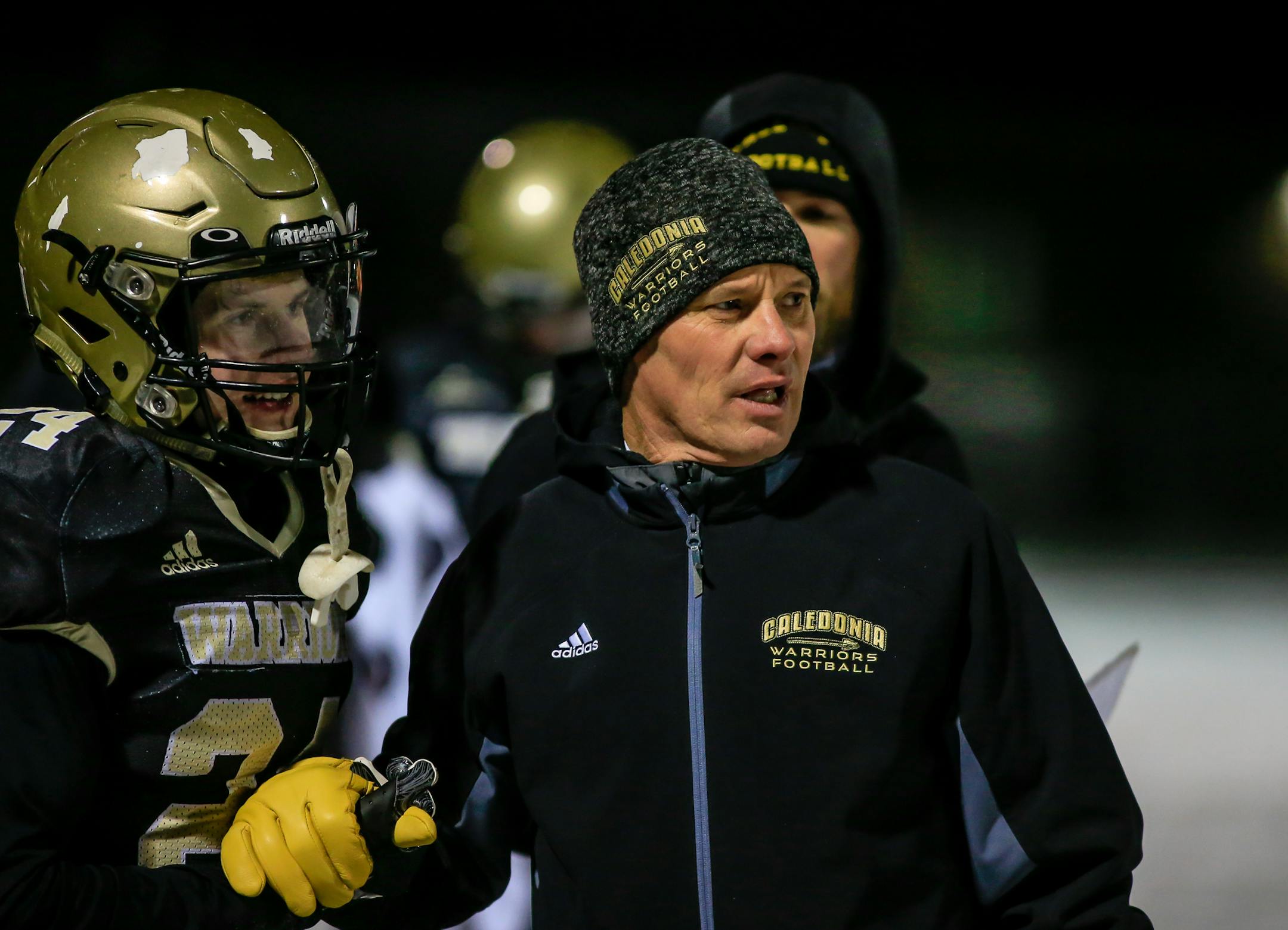 Caledonia coach Carl Fruechte. Class 2A quarterfinals, Caledonia vs. New Richland Hartland Ellendale Geneva, 11-9-18. Photo by Mark Hvidsten, SportsEngine