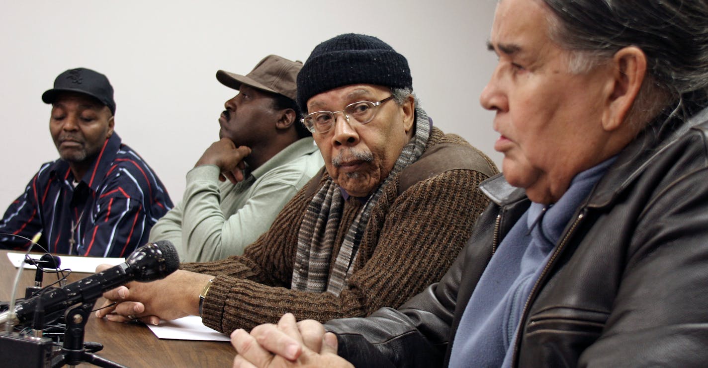 (left to right) Members of the Police Community Relations Council Al Flowers, Spike Moss, Ron Edwards and Clyde Belllecourt announced that five high-ranking black Minneapolis police officers sued the Minneapolis Police Department and it's police chief over allegations of racial discrimination and a hostile working environment.